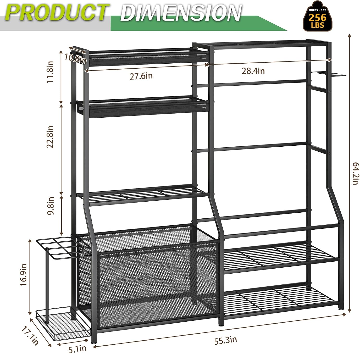 Large Sports Organizer for Garage, Ball Storage Rack Garage Sports Equipment Organizer with Side Racks, Baskets, Hooks, Multi-Purpose Golf Gear Storage for Gym Indoor Outdoor