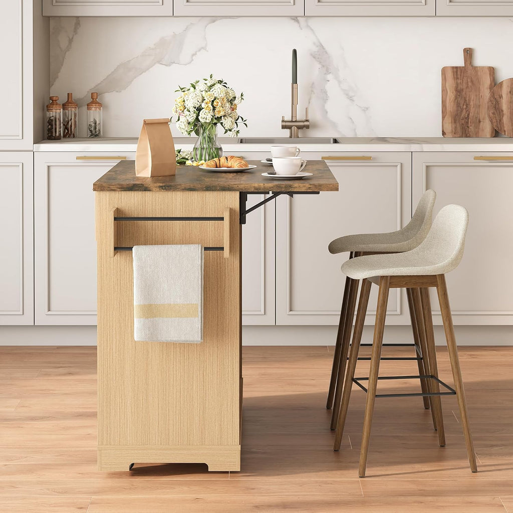 Vabches Rolling Kitchen Island with Folding Drop Leaf,50'' Wine Cabinet with Storage, Buffet Cabinet on Wheels with Wine Rack for Kitchen, Bar Cart on Wheels with Fluted Design, Nautral