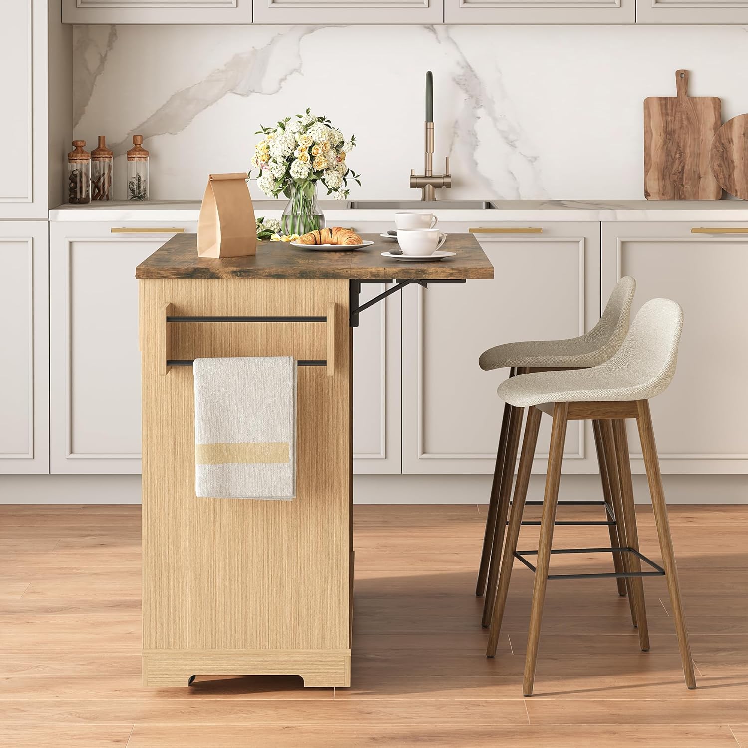 Vabches Rolling Kitchen Island with Folding Drop Leaf,50'' Wine Cabinet with Storage, Buffet Cabinet on Wheels with Wine Rack for Kitchen, Bar Cart on Wheels with Fluted Design, Nautral