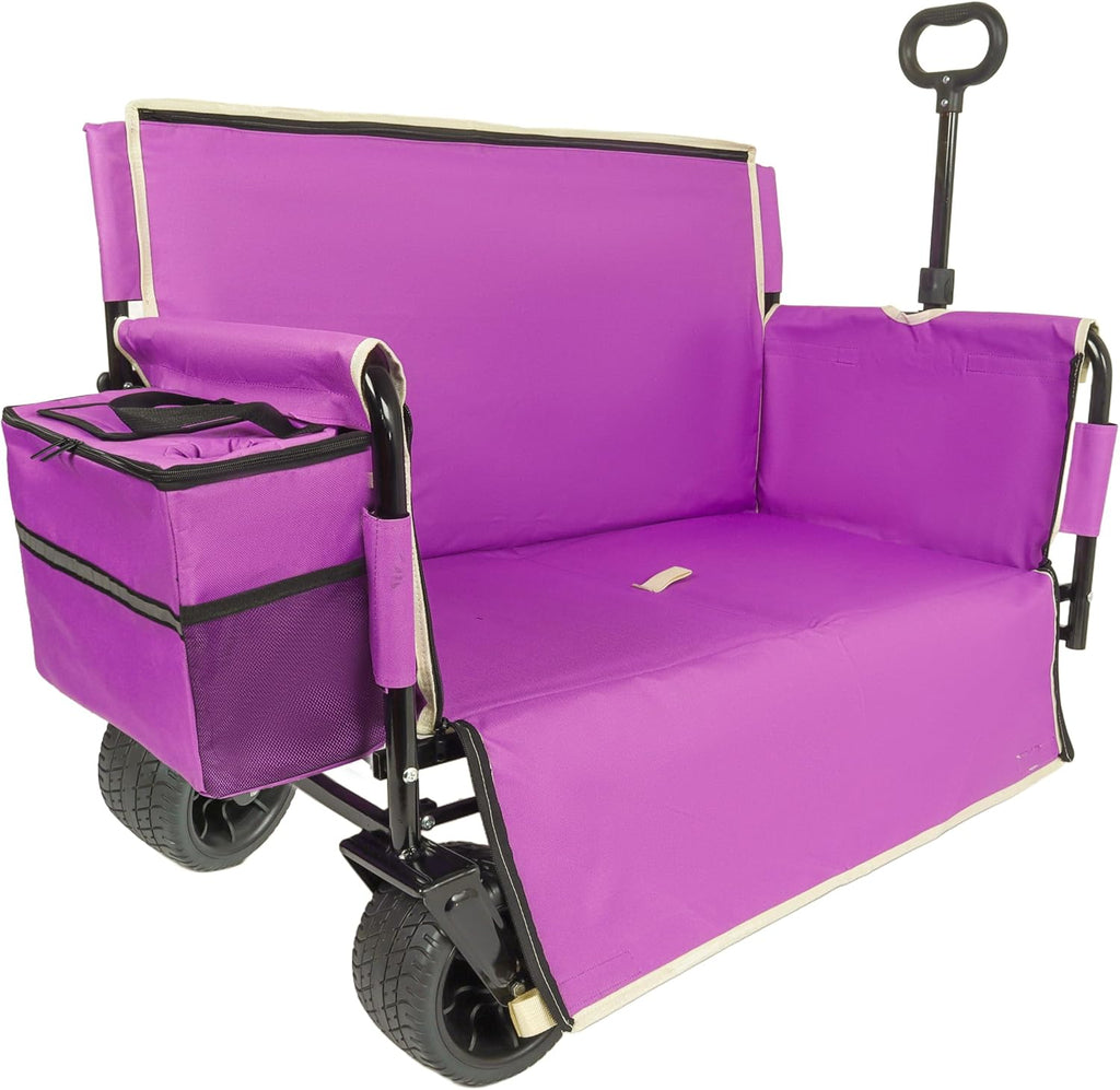 Purple Collapsible Wagon with Bench Seat, Handle & All-Terrain Wheels, Steel Frame, Folding Camping Cart for Beach, Sports, Lawn, 37x24.02x40.94 in