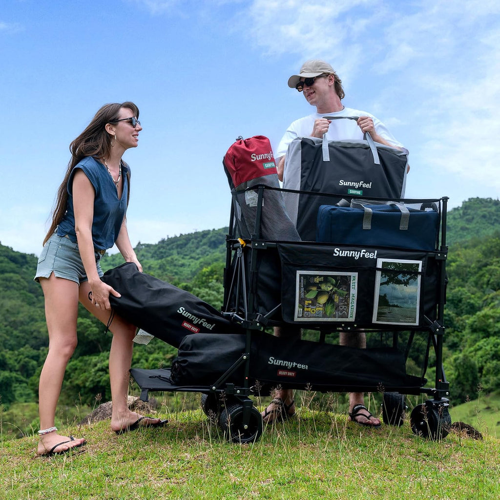 SUNNYFEEL 550L Large Capacity Double Decker Wagon, 550LBS Heavy Duty Collapsible Sports Wagon, Extra High Extender Wagon Cart with Tailgate, All-Terrain Big Wheels for Camping Fishing Beach, Black