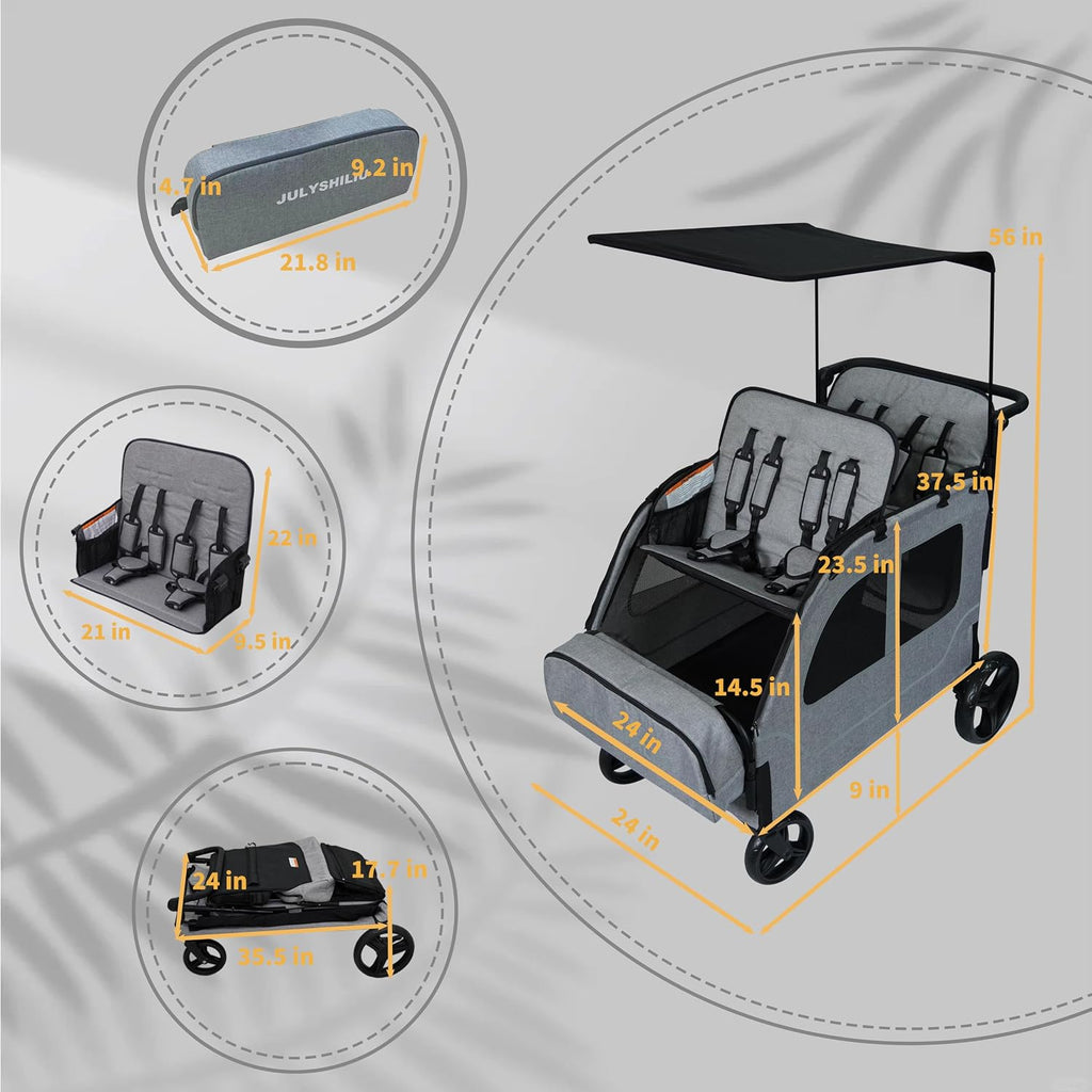 Car-Shaped Large 4 Seater Stroller Wagon for 2 3 Kids Toddler Child Foldable All-Terrain Triple Quad Wagon with Removable Canopy, 5-Point Harness, Storage Bag Shopping Outdoor Light Grey