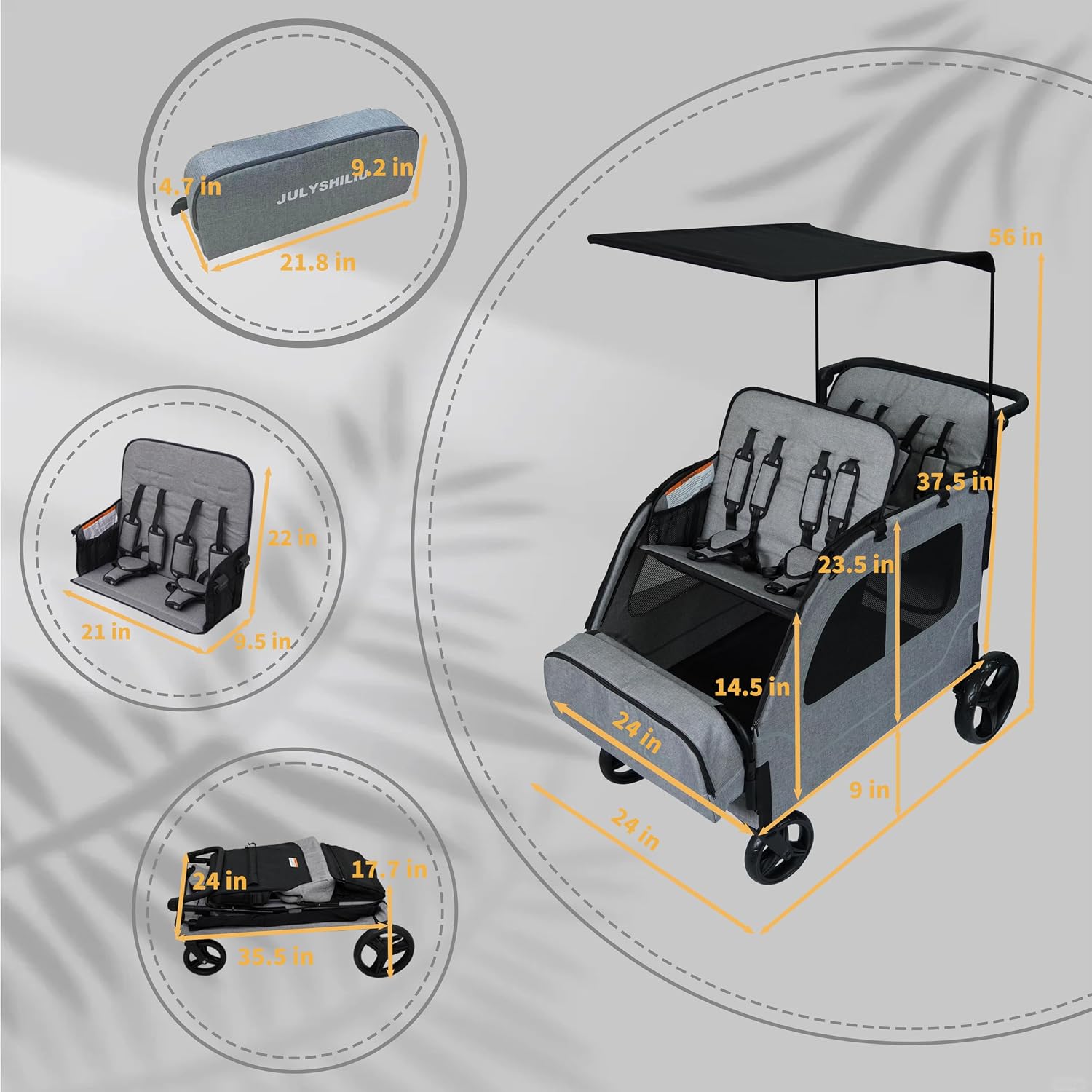 Car-Shaped Large 4 Seater Stroller Wagon for 2 3 Kids Toddler Child Foldable All-Terrain Triple Quad Wagon with Removable Canopy, 5-Point Harness, Storage Bag Shopping Outdoor Light Grey