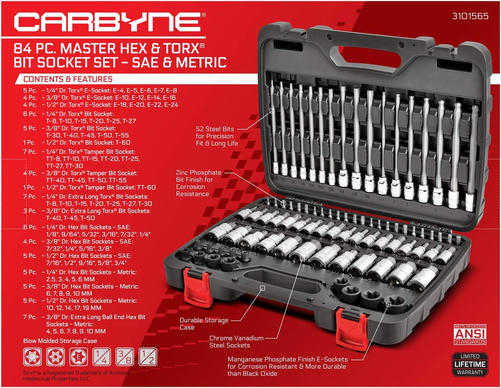 CARBYNE 84-Piece Master Hex & Torx Bit Socket Set & External-Torx Socket Set | S2 Steel Bits, CrV Steel Sockets, Corrosion Resistance, Durable Case | 1/4', 3/8' & 1/2' Dr.