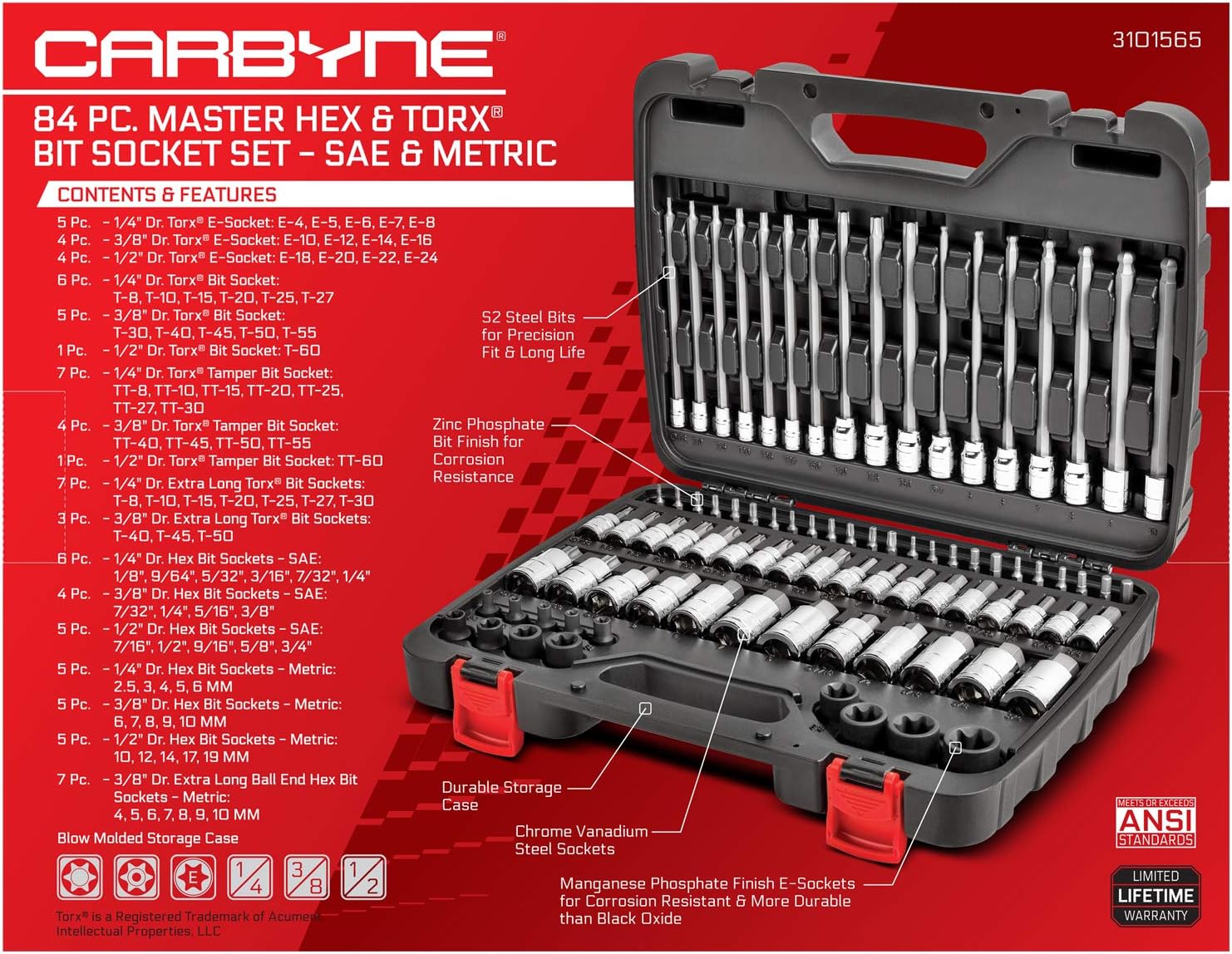 CARBYNE 84-Piece Master Hex & Torx Bit Socket Set & External-Torx Socket Set | S2 Steel Bits, CrV Steel Sockets, Corrosion Resistance, Durable Case | 1/4', 3/8' & 1/2' Dr.