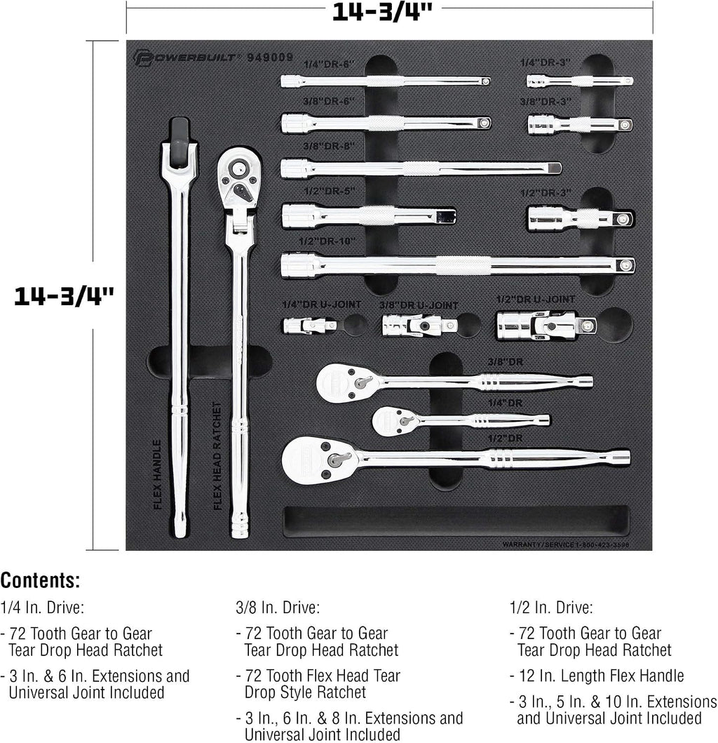 Powerbuilt Master Ratchet and Accessories Set, 16 Piece, 1/4, 3/8, and 1/2 Inch Drive Tools, Extension Bars, Universal Joints, Storage Tray - 949009