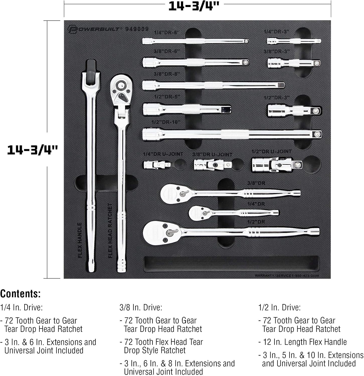 Powerbuilt Master Ratchet and Accessories Set, 16 Piece, 1/4, 3/8, and 1/2 Inch Drive Tools, Extension Bars, Universal Joints, Storage Tray - 949009