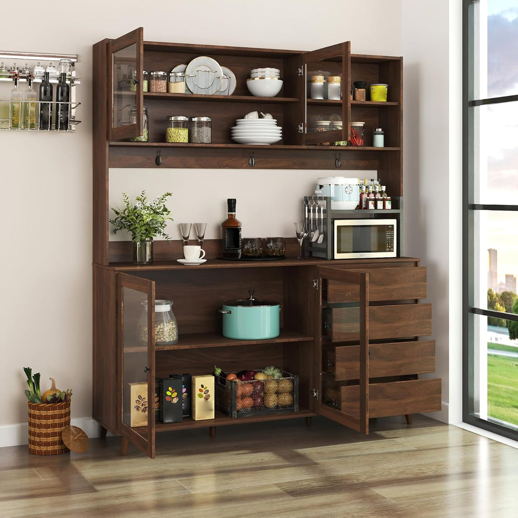 63' Kitchen Pantry Cabinet with Doors and Shelves, Freestanding Bakers Rack Coffee Station with 4 Drawers and Hooks for Kitchen Dining Room, Walnut
