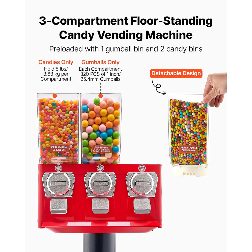 VEVOR Candy Vending Machine, Triple Compartment Candy Dispenser, Commercial Gumball and Candy Machine for Business with Iron Stand, Coin Operated Gumball Bank for Toy Capsules Bouncy Balls Candy