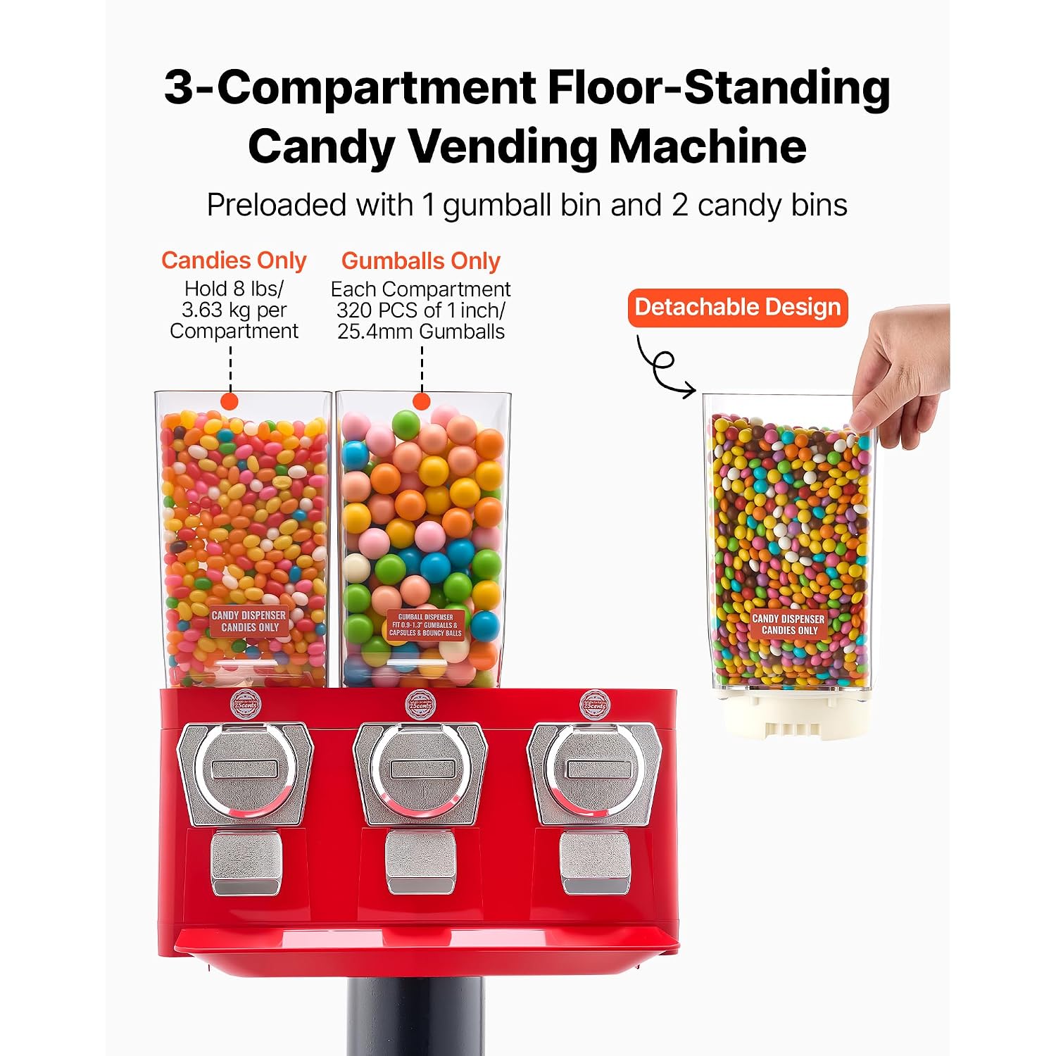 VEVOR Candy Vending Machine, Triple Compartment Candy Dispenser, Commercial Gumball and Candy Machine for Business with Iron Stand, Coin Operated Gumball Bank for Toy Capsules Bouncy Balls Candy