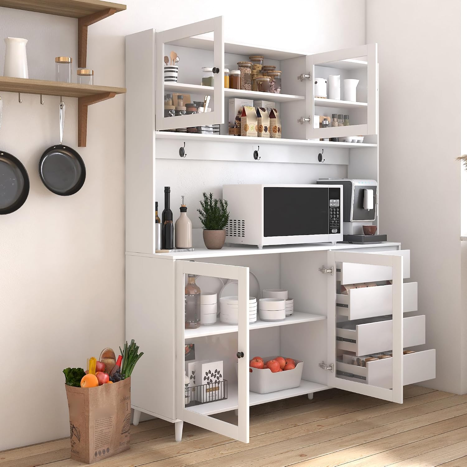 63' Kitchen Pantry Cabinet with Doors and Shelves, Bakers Rack Coffee Station with 4 Drawers and Hooks, Freestanding Storage for Kitchen Garage Office, White