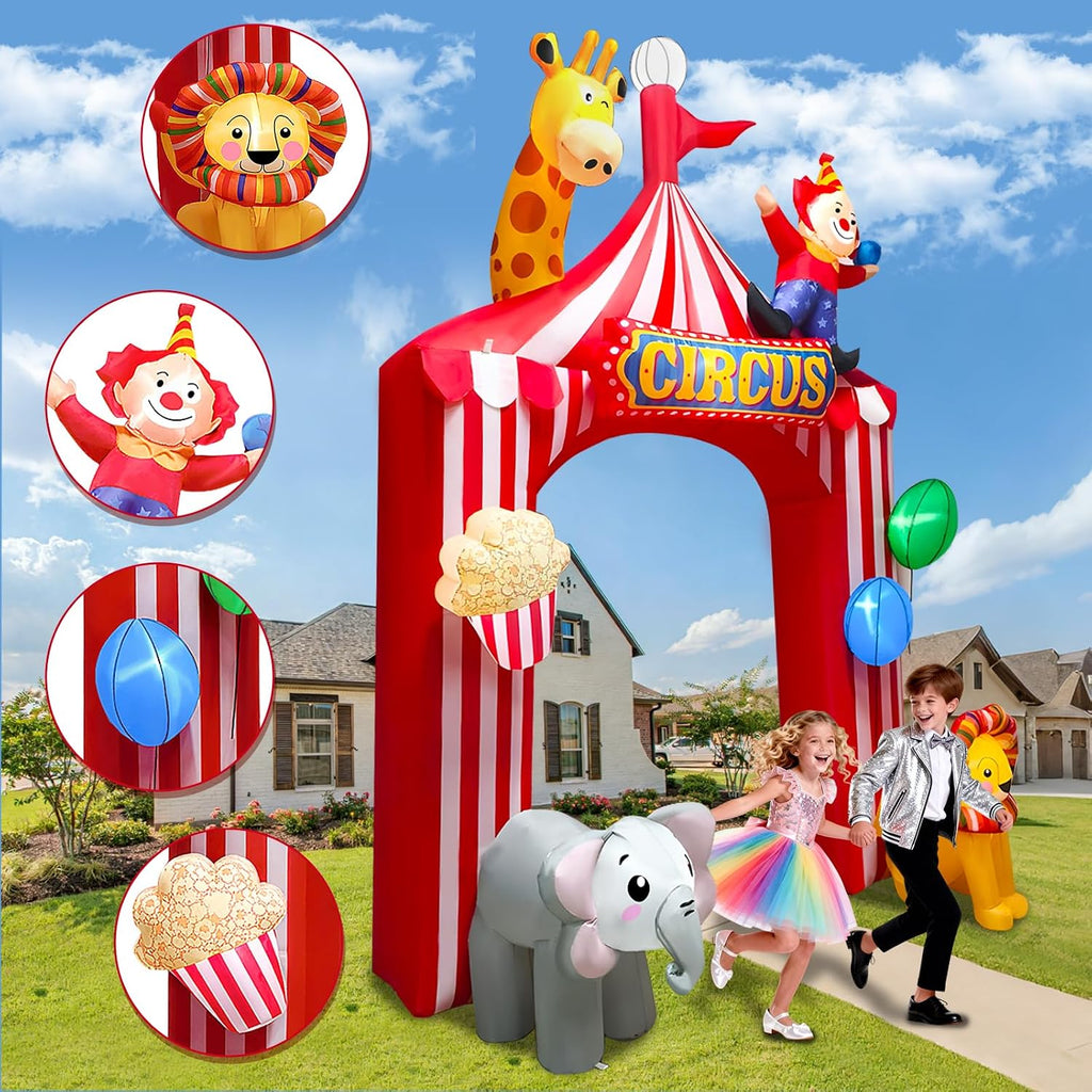 Kalolary 10FT Circus Party Arch Outdoor Decoration Inflatable, Blow Up Animal Inflatable with Built-in LED for Carnival Theme Birthday Halloween Christmas Outdoor Yard Garden Decor