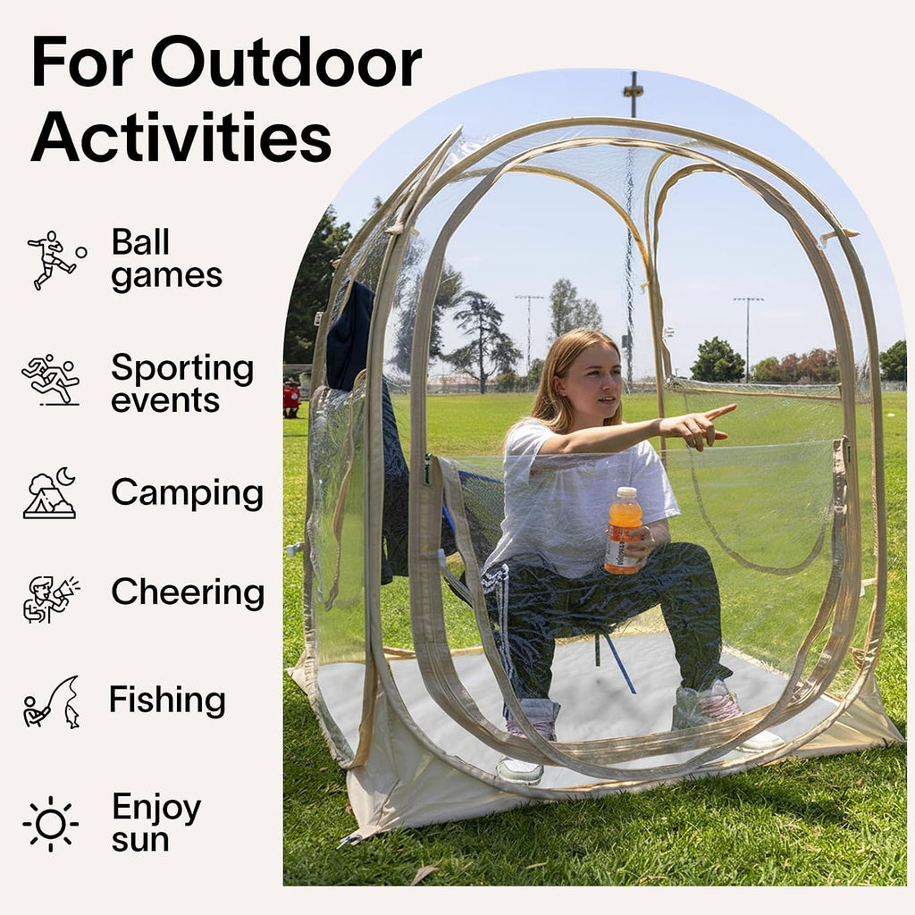 EighteenTek® Pop Up Weather Pod, Sport Pod with Attached Floor, 360° Clear View, UPF 50+ UV Protection, Waterproof All-Weather Instant Shelter for 1-4 Person, Sports Camping Fishing Tailgating