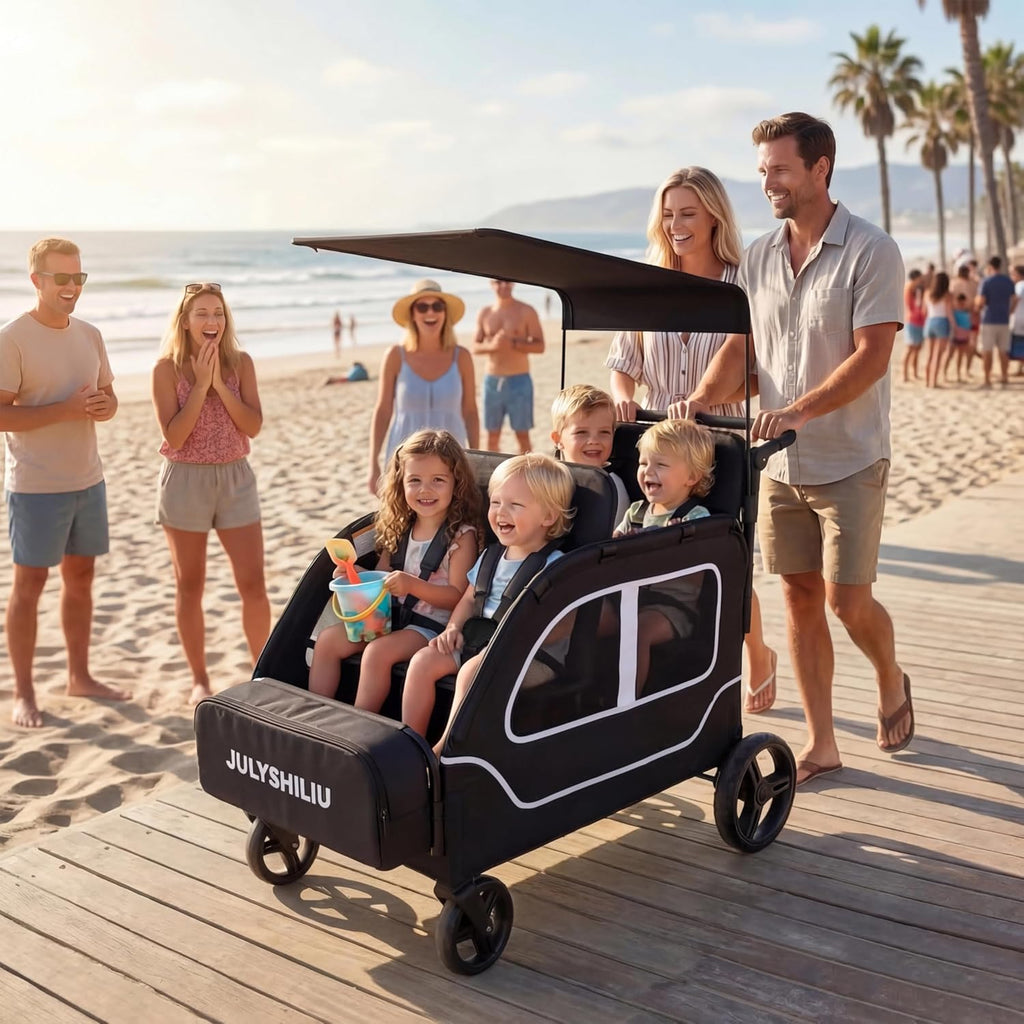 Car-Shaped Large 4 Seater Stroller Wagon for 2 3 Kids Toddler Child Foldable All-Terrain with Removable Canopy, 5-Point Harness, Storage Bag for Shopping Outdoor, Black