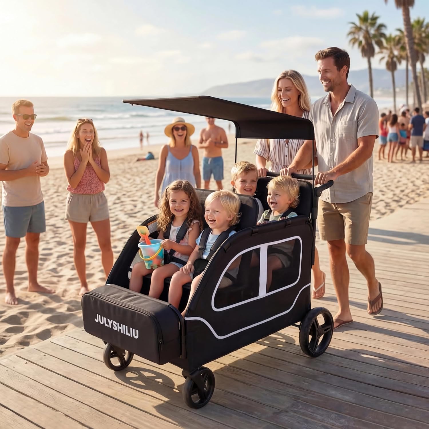 Car-Shaped Large 4 Seater Stroller Wagon for 2 3 Kids Toddler Child Foldable All-Terrain with Removable Canopy, 5-Point Harness, Storage Bag for Shopping Outdoor, Black