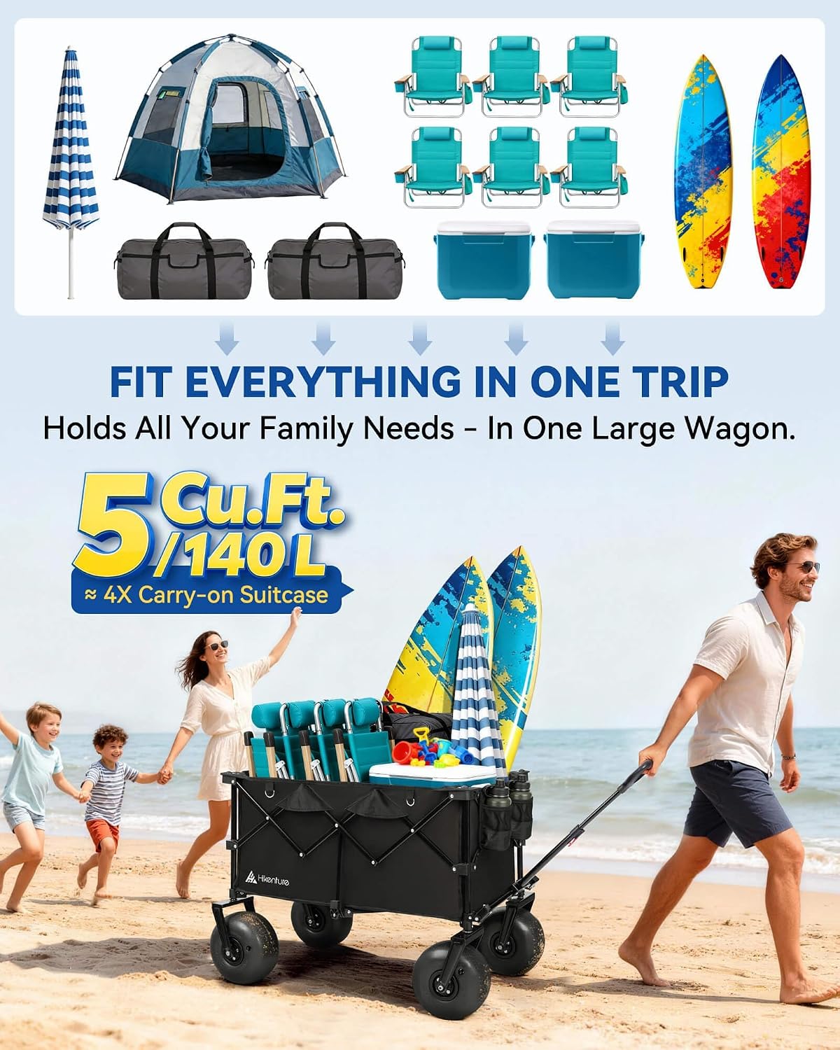 Hikenture Beach Wagon with Balloon Wheels, 9' PU Tires Collapsible Wagon, 440lbs Heavy Duty Beach Cart with Big Wheels for Sand, Large Capacity Utility Wagons Carts