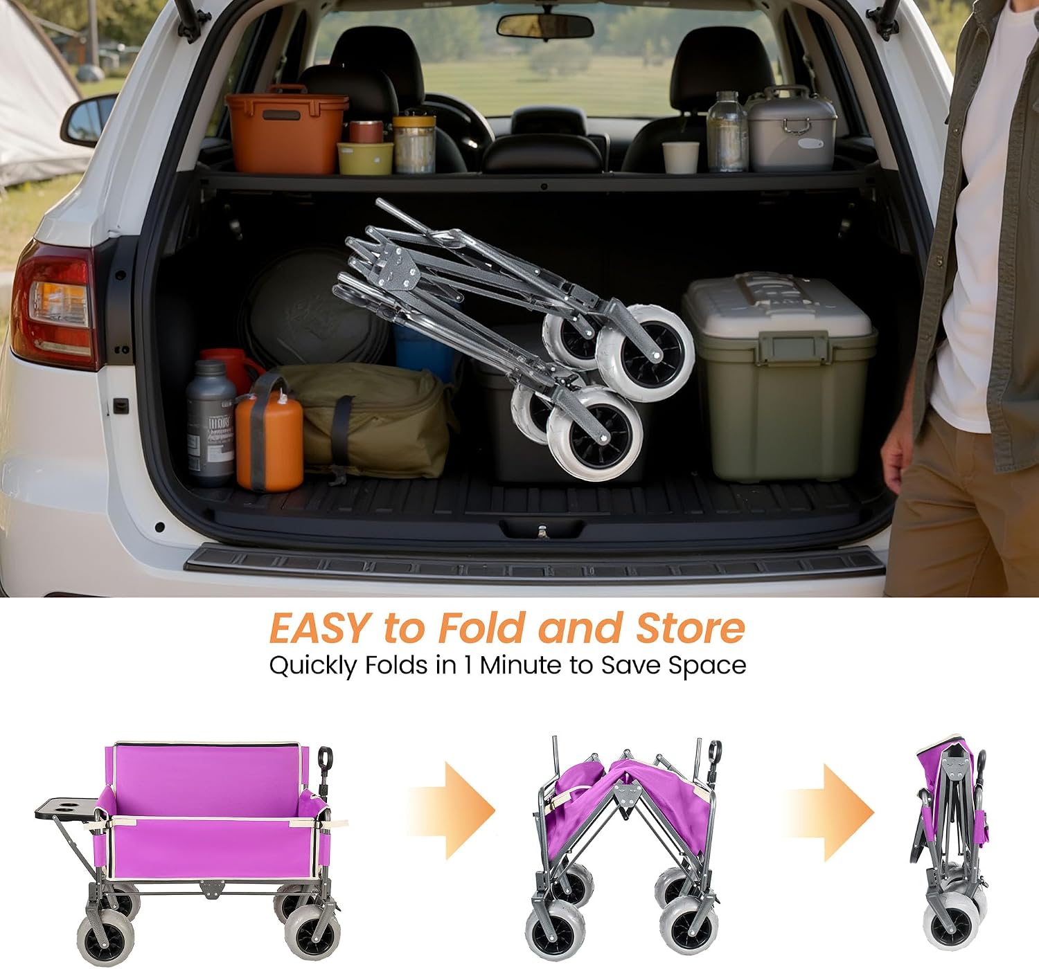3-in-1 Folding Wagon with Seats and Table, All Terrain Beach Cart with Big Wheels for Sand, 500lbs Heavy Duty Collapsible Wagon for Camping Family Shopping (Purple)