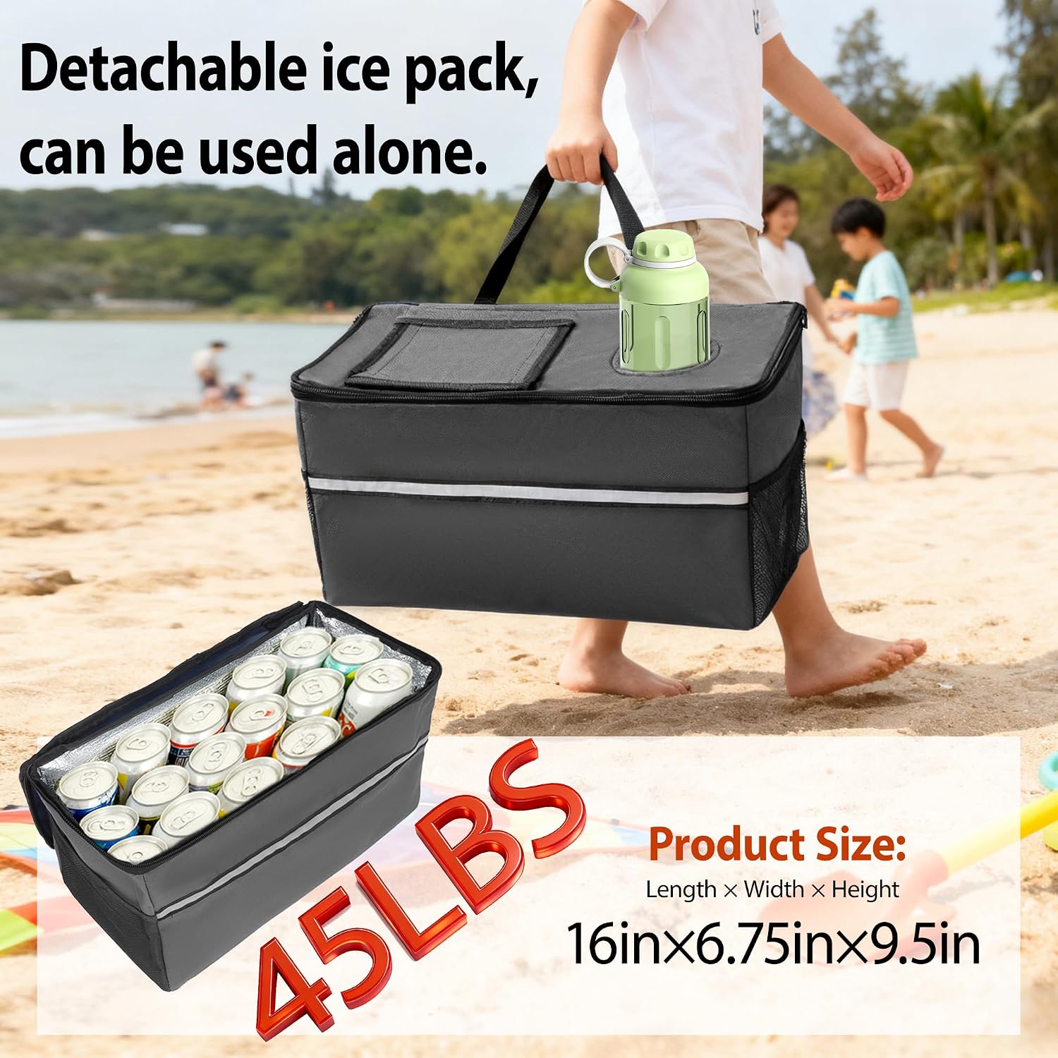 Gray Collapsible Wagon, Bench Seat & Storage, All-Terrain 9'x4' Beach Tires, Steel Frame, Folding Camping Cart for Beach, Sports, Fish, 40.94x20.47x44.29 in