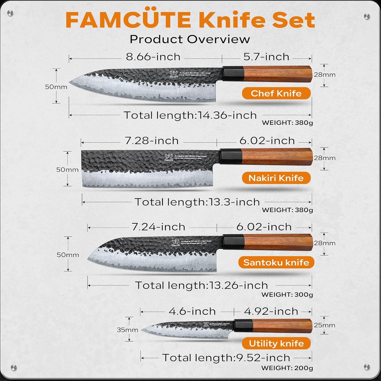 FAMCüTE Japanese Knife Block Set, Hand Forged 5-Layer 9CR18MOV Clad Steel Ultra Sharp Kitchen Knives with Wooden Storage & Rosewood Handle, Includes Chef, Santoku, Nakiri, Fruit Knife for Home Mom/Dad