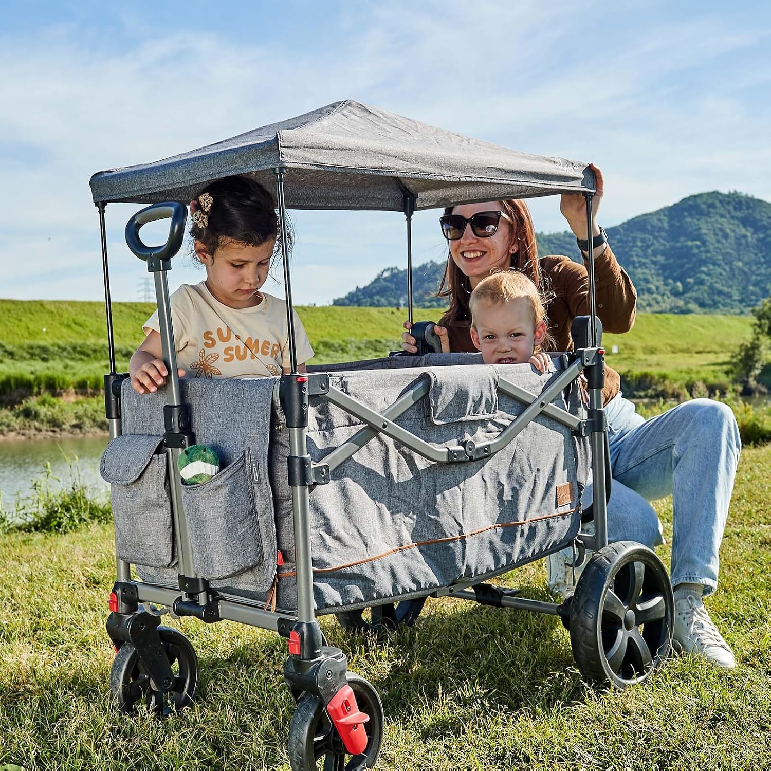 Busy Bee Foldable Wagon Stroller for 2 Kids, Push Pull Collapsible Kids Wagon with Adjustable Handle Bar, Removable Canopy, 5-Point Harness, Shock-Absorbing Wheels, Grey