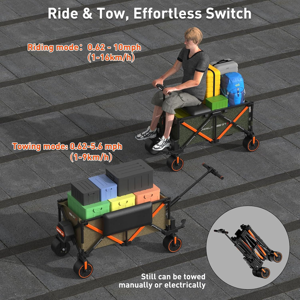 WISELD GT3 Foldable Electric Wagon Cart with Seat, Dymanic Load 551LBS/Static 771LBS All Terrain Wagon, Reverse Function, Precision Steering, 2 Modes for Shopping, Sports, Garden, Camping (Khaki)