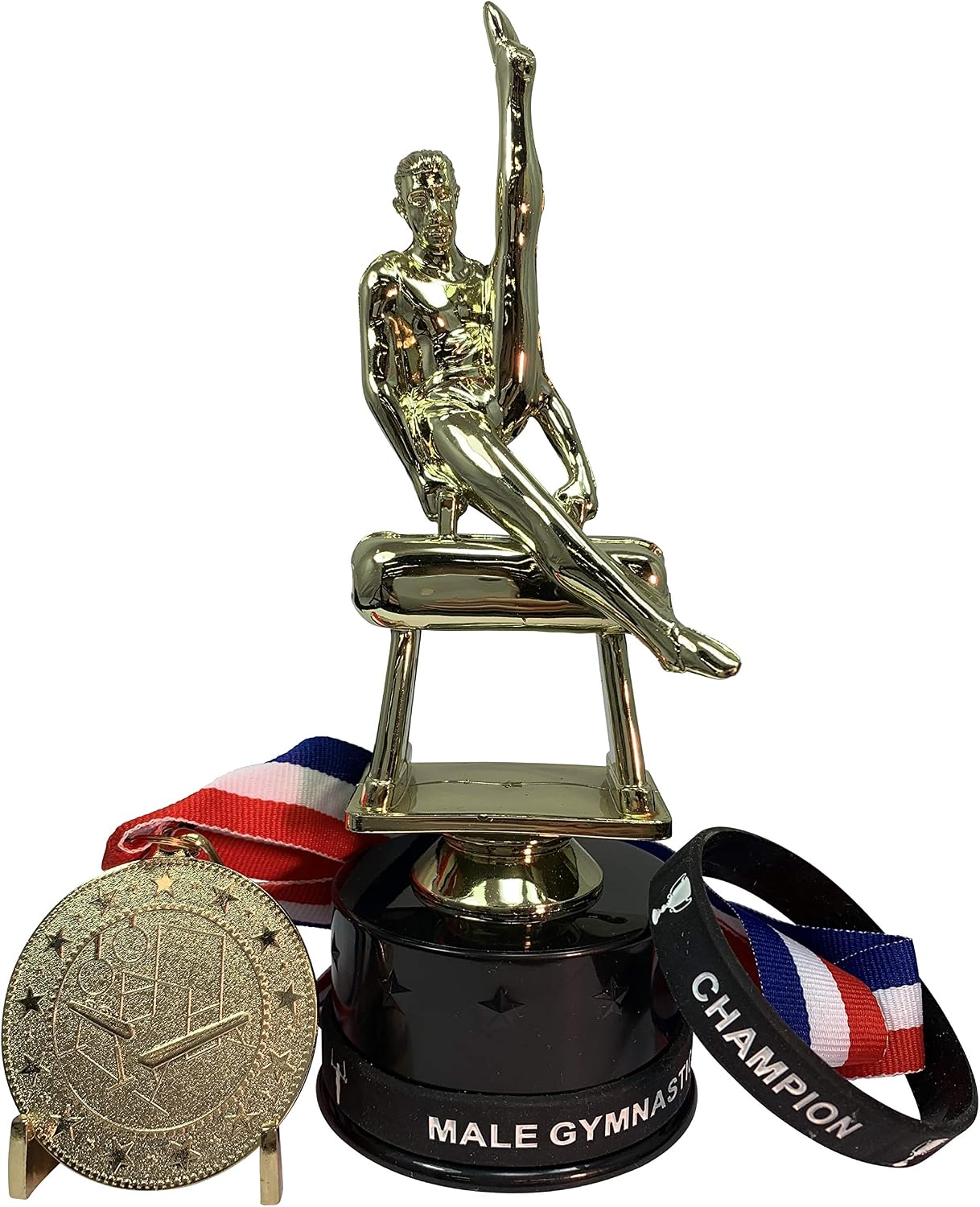 Express Medals 1 to 12 Packs of Male Gymnastics Trophy Award Packs That Include Wrist Bands and a Gold Medal and Ribbon with Each Trophy