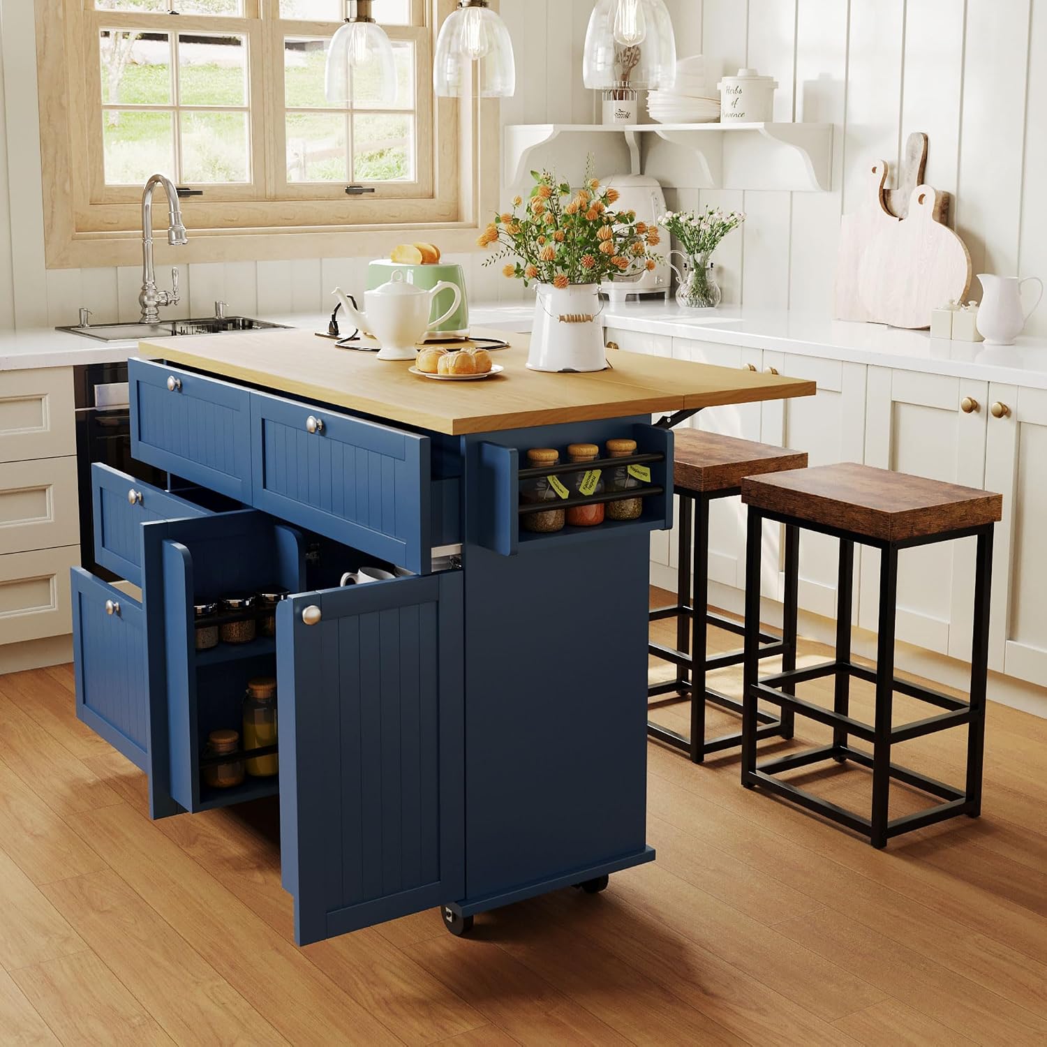 Bellemave Farmhouse Kitchen Island on Wheels with 11.8inch Drop Leaf, 2 Stools, Power Outlet,Kitchen Cart with Storage Cabinet, 2 Drawers, Door Shelves and Towel Rack(Blue)