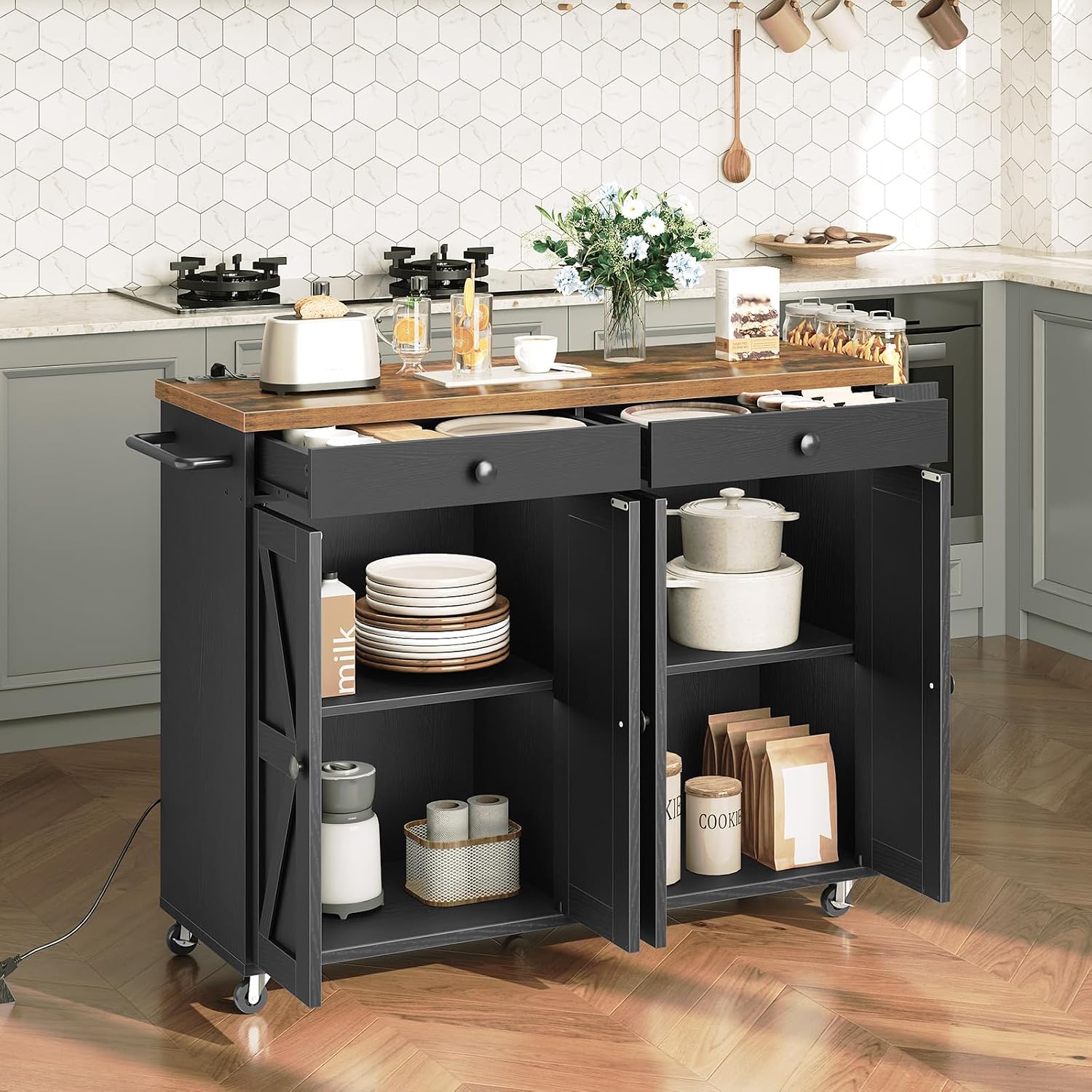 HOOBRO Kitchen Island with Power Outlet, Rolling Kitchen Island with Storage, Kitchen Island Cart with Spice Rack and Hooks, Island Table for Living Room, Rustic Brown and Black BF11UZD01