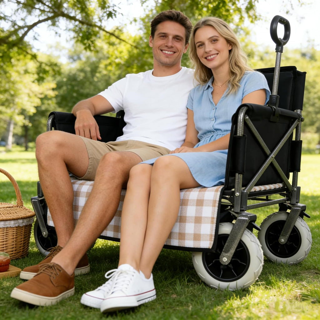 ZeHuoGe 3-in-1 Folding Wagon with Bench Seat – 500lbs Capacity, 9'x4' Beach Tires for Camping & Beach (Black)