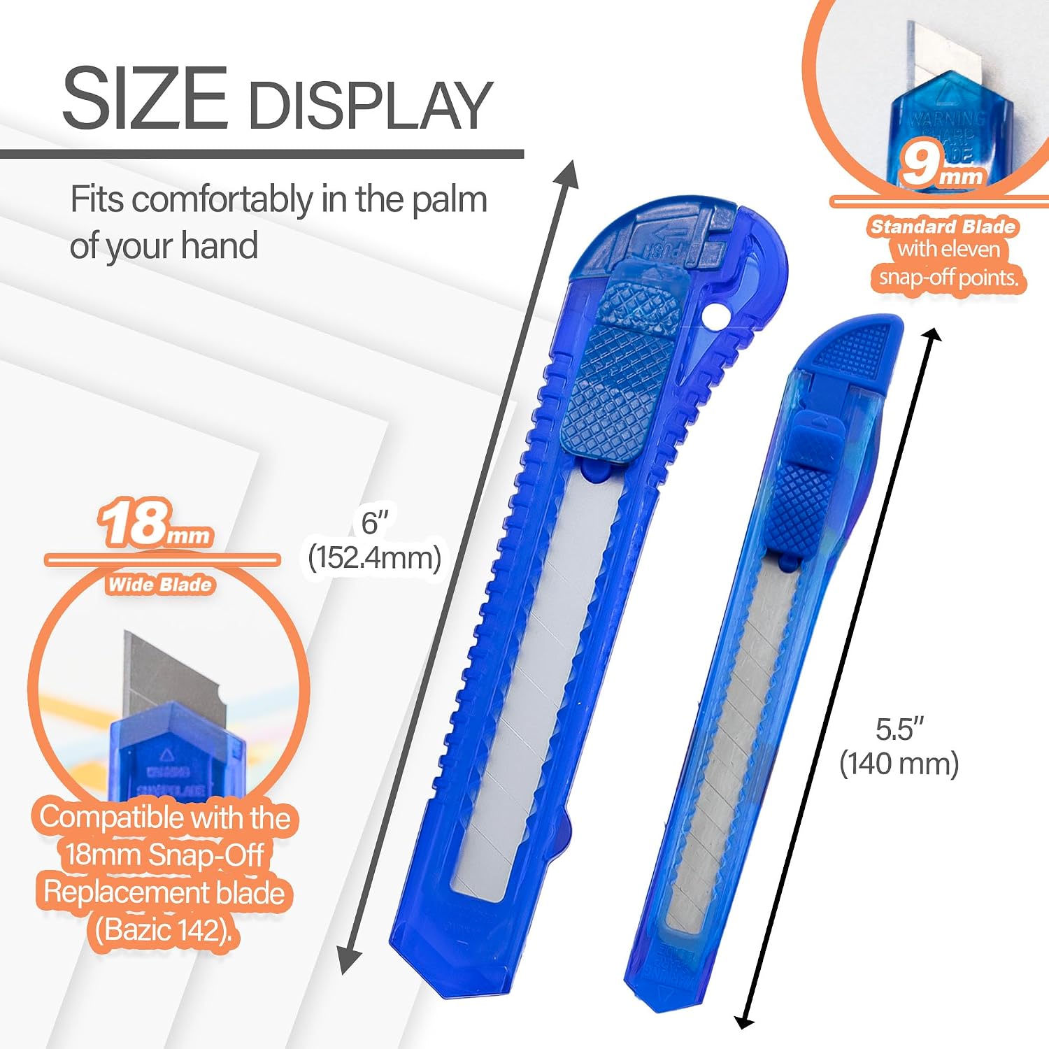 BAZIC Products Snap-Off Utility Knife, 9 mm and 18 mm Blade, 2 Count, Box Cutter Knife, for Boxes Cartons Crafts, Case of 144