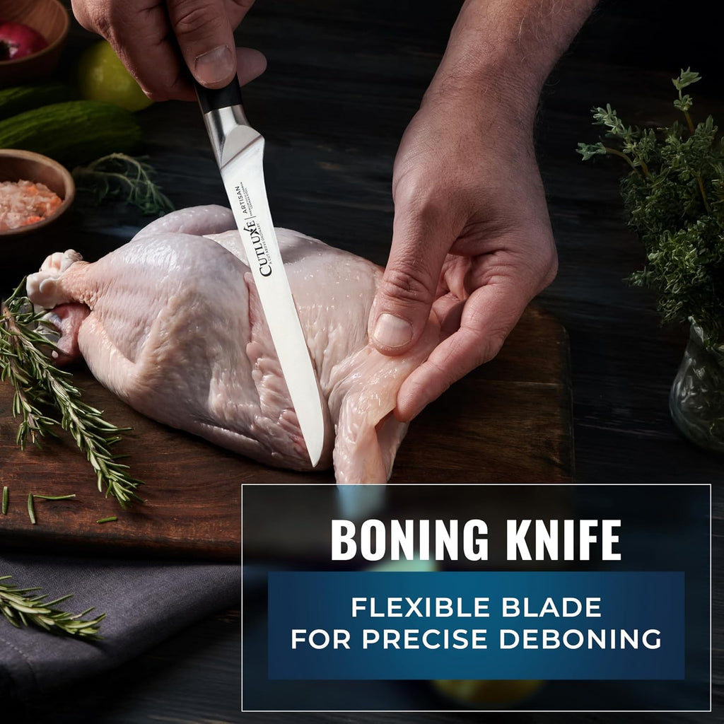 Cutluxe Butcher Knife Set – BBQ Brisket, Breaking and Boning Knives, Honing Rod – Carving Knife Set for Meat Cutting, Ultra Sharp German Steel, Full Tang, Ergonomic Handles – Artisan Series