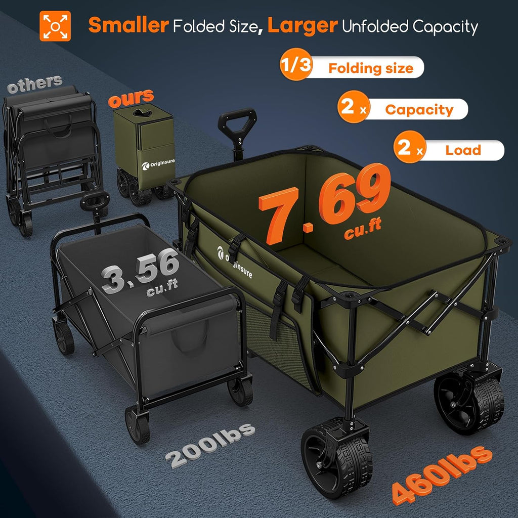 Originsure 220L Collapsible Wagon Cart Foldable, 460lbs Load Capacity Heavy Duty Folding Beach Wagons with Big All-Terrain Wheels, Utility Carts for Groceries, Shopping, Camping, Sports - Green