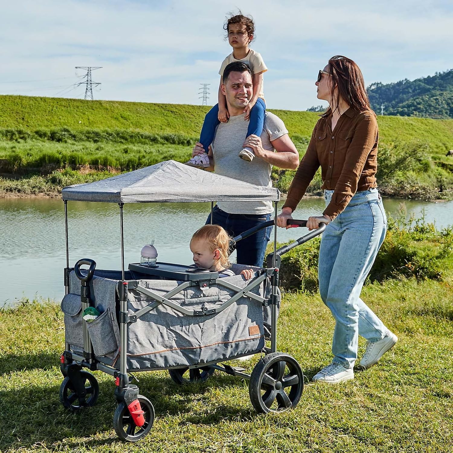 Busy Bee Foldable Wagon Stroller for 2 Kids, Push Pull Collapsible Kids Wagon with Adjustable Handle Bar, Removable Canopy, 5-Point Harness, Shock-Absorbing Wheels, Grey