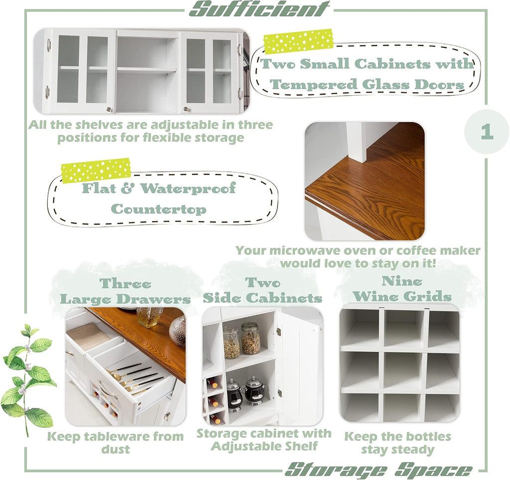 LOKO Kitchen Hutch Storage Cabinet, Sideboard Buffet Kitchen Cupboard with 4 Doors, 3 Drawers, 5 Adjustable Shelves and 9 Wine Grids, 44 x 17 x 72.5 inches (White)