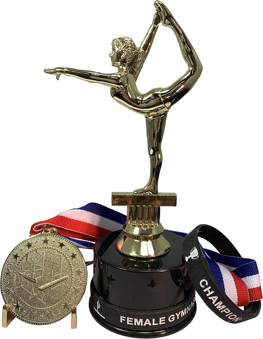 Express Medals 1 to 12 Packs of Female Gymnastics Trophy Award Packs That Include Wrist Bands and a Gold Medal and Ribbon with Each Trophy