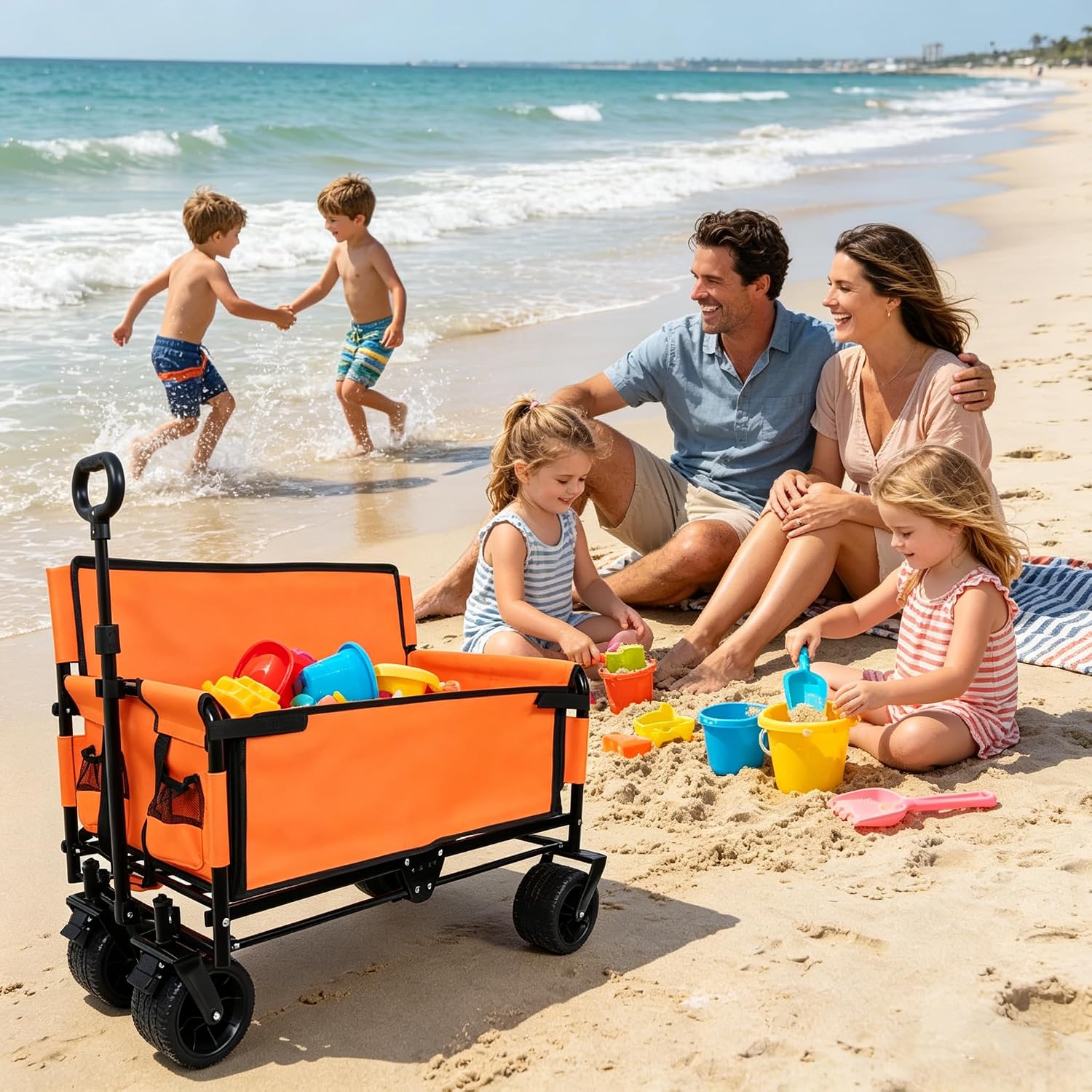 3-in-1 Convertible Folding Wagon Cart with Bench Seat & Storage - 500lbs Heavy-Duty Utility Wagon, 180L Capacity All-Terrain Wheels for Camping, Beach, Sports, Garden (Orange)
