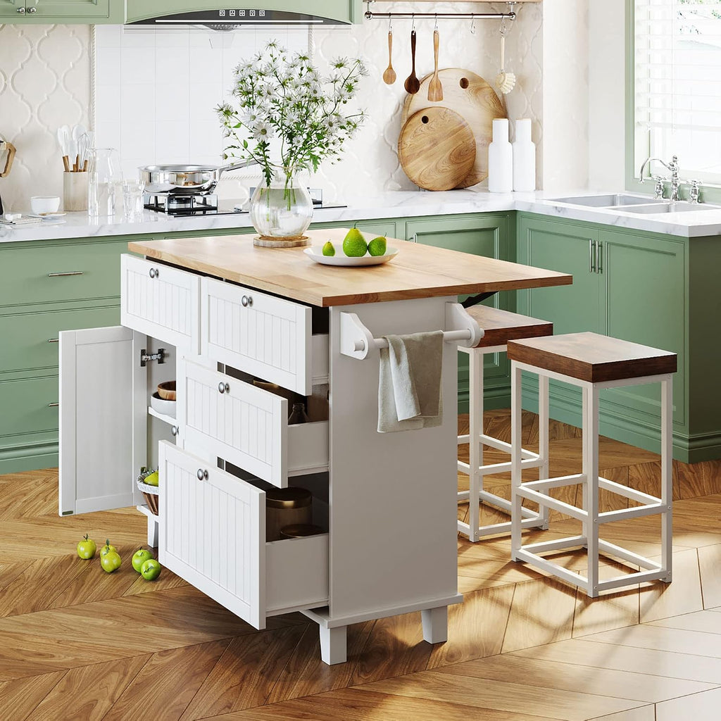 Bellemave Kitchen Island Set with 2 Stools and Drop Leaf 3 Piece Island Table Set Kitchen Bar Table Set with Seating, Storage Cabinet, Drawers and Towel Rack (White+Rustic Brown)