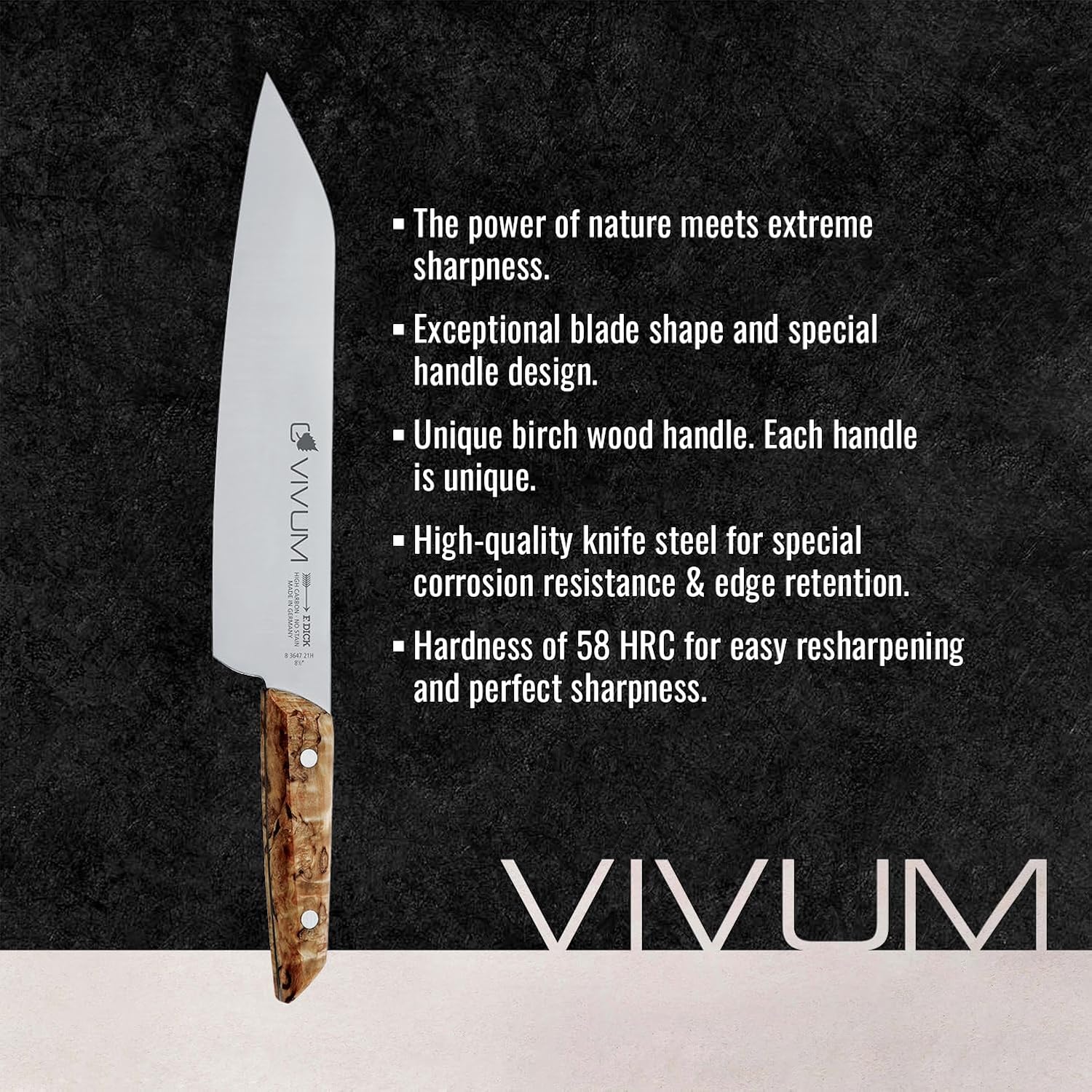 F. DICK – VIVUM Chef Knife – Allround Knife with 8.2' blade & 58 HRC - Ideal for meat, fish & vegetables - Stainless steel - Ultra sharp - Birchwood handle – Made in Germany