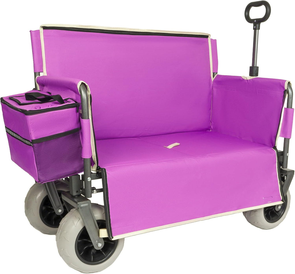 Purple Collapsible Wagon, Bench Seat & Storage, All-Terrain Wheels, Steel Frame, Folding Camping Cart for Beach, Sports, Fish, 40.94x20.47x44.29 in