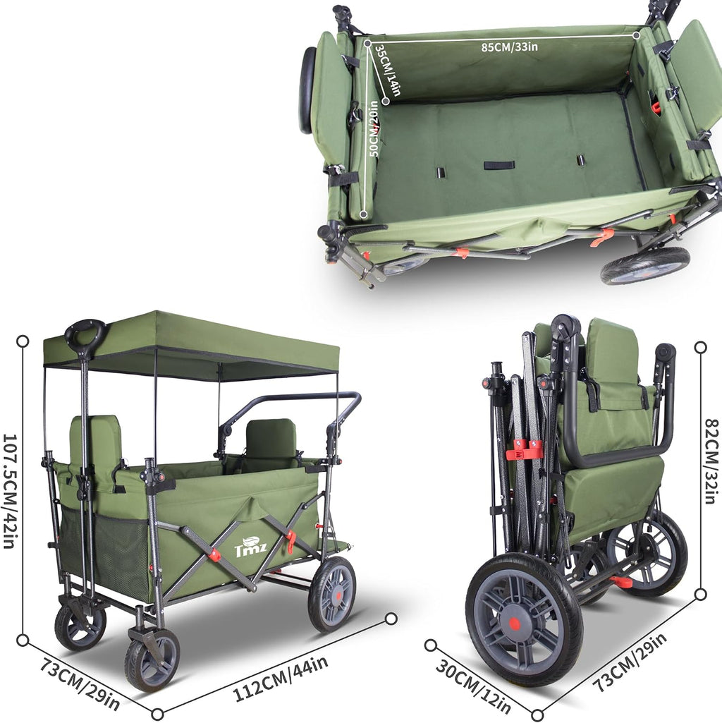 TMZ Collapsible Wagon with 2 Foldable Seats, Folding Cart with Removable Canopy, Heavy Duty Wagon 265LBS Load Capacity for Camping Garden Shopping (Green)