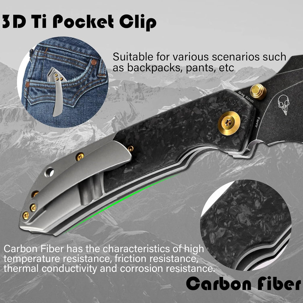 KANSEPT Fenrir Pocket Knife, 3.48' Blackwash CPM S35VN Harpoon Blade, Titanium Handle Shred Carbon Fiber Inlay, Thumb Stud & Liner Lock with Deep Clip EDC Knives for Camping Hunting Survival K1034A1