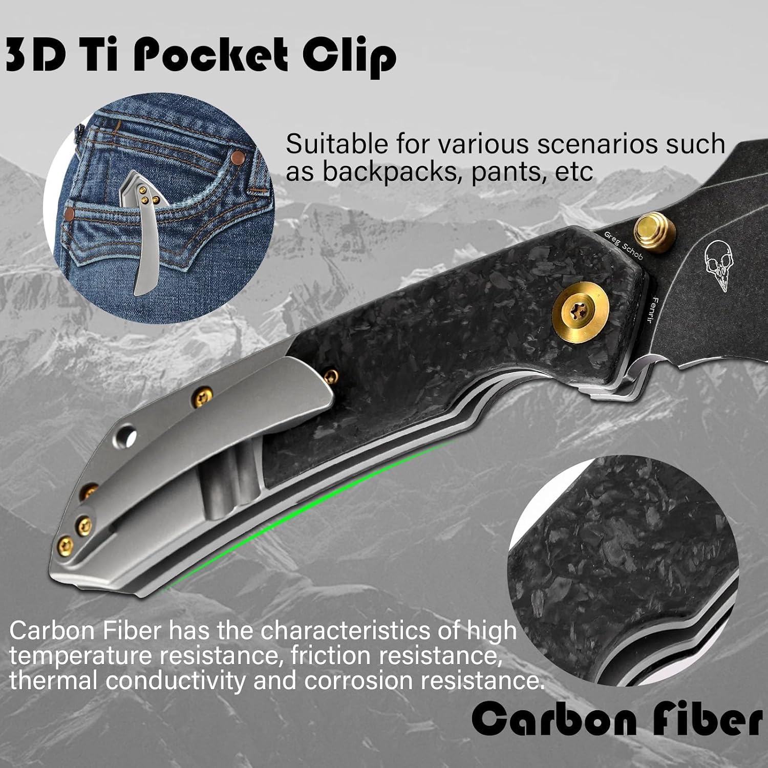 KANSEPT Fenrir Pocket Knife, 3.48' Blackwash CPM S35VN Harpoon Blade, Titanium Handle Shred Carbon Fiber Inlay, Thumb Stud & Liner Lock with Deep Clip EDC Knives for Camping Hunting Survival K1034A1