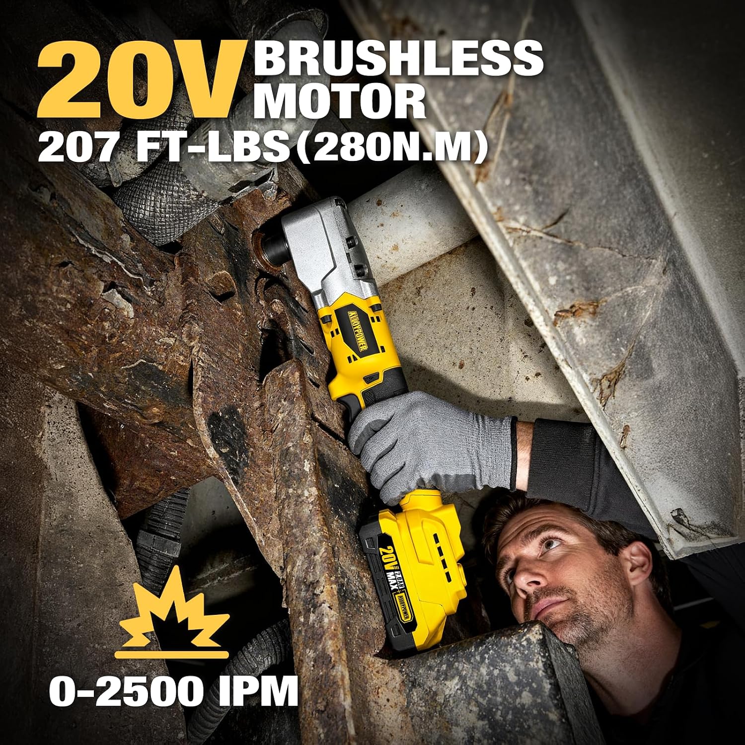 ALLOYPOWER 20V Brushless Right Angle Wrench, 207 Ft-lbs（280N.M）,1/2'' High Torque Cordless Power Tool with 2×2.0Ah Batteries, LED Light, 2-Speed Control, Compact 90° Design for Tight Spaces