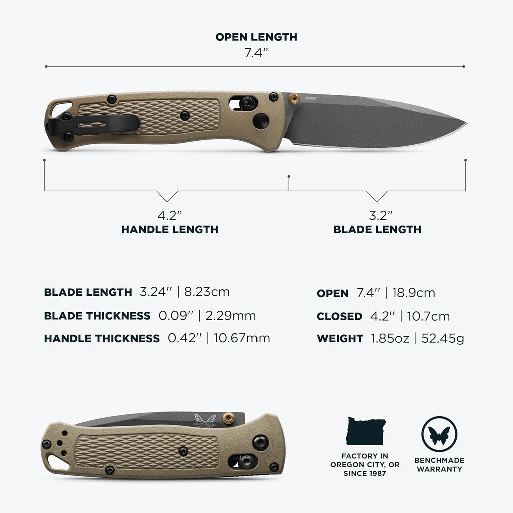 Benchmade - Bugout Outdoor EDC Folding Knife, Slim, Lightweight, Plain Edge, Drop-Point Blade, CPM-S30V Stainless Steel (58-60HRC), Grivory Handle (535GRY-1)