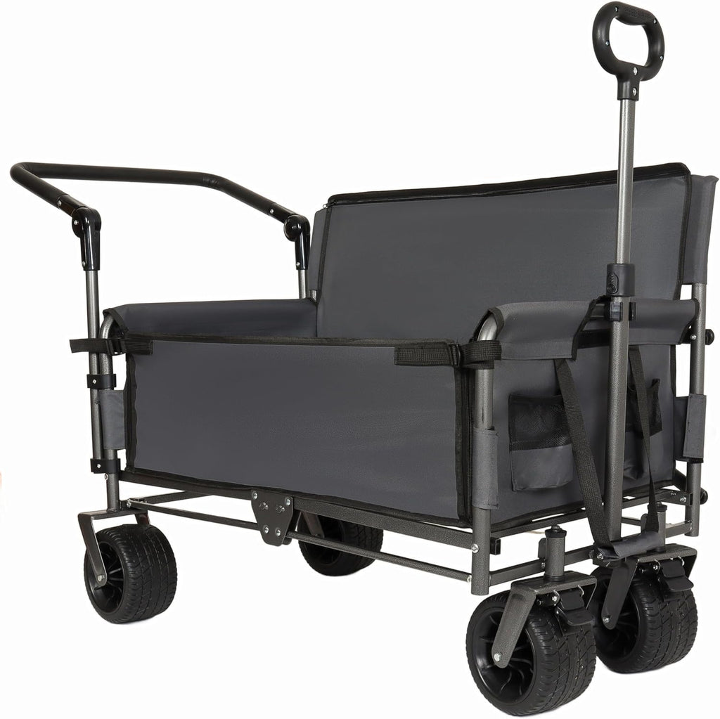 3-in-1 Heavy-Duty Folding Wagon Cart with Adjustable Canopy & Bench Seat – 500lbs Capacity, All-Terrain Utility Cart for Camping, Beach, Sports, Garden Storage (Gray)