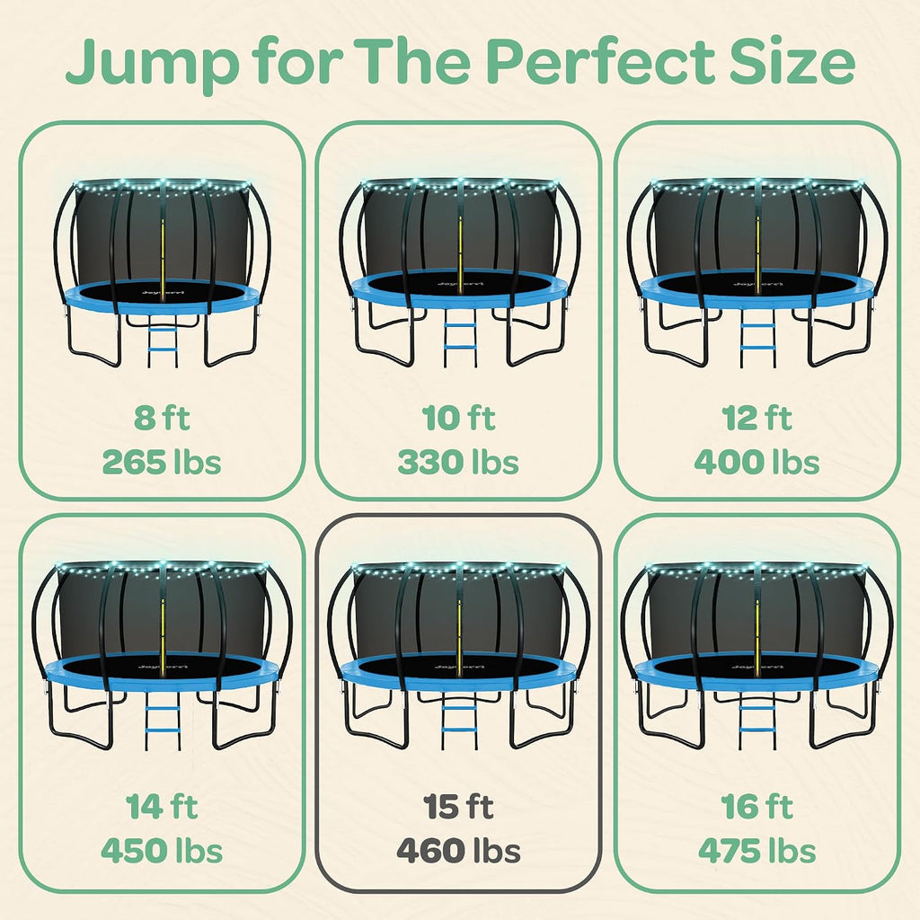 JoyBerri Trampoline Outdoor - Upsurge ASTM Certified Safe 8Ft 10Ft 12Ft 14Ft 15Ft 16Ft Recreational Trampoline for Kids and Adults. Anti-Rust Coating with Enclosure Net, Ladder, Sprinkler & LED Lights