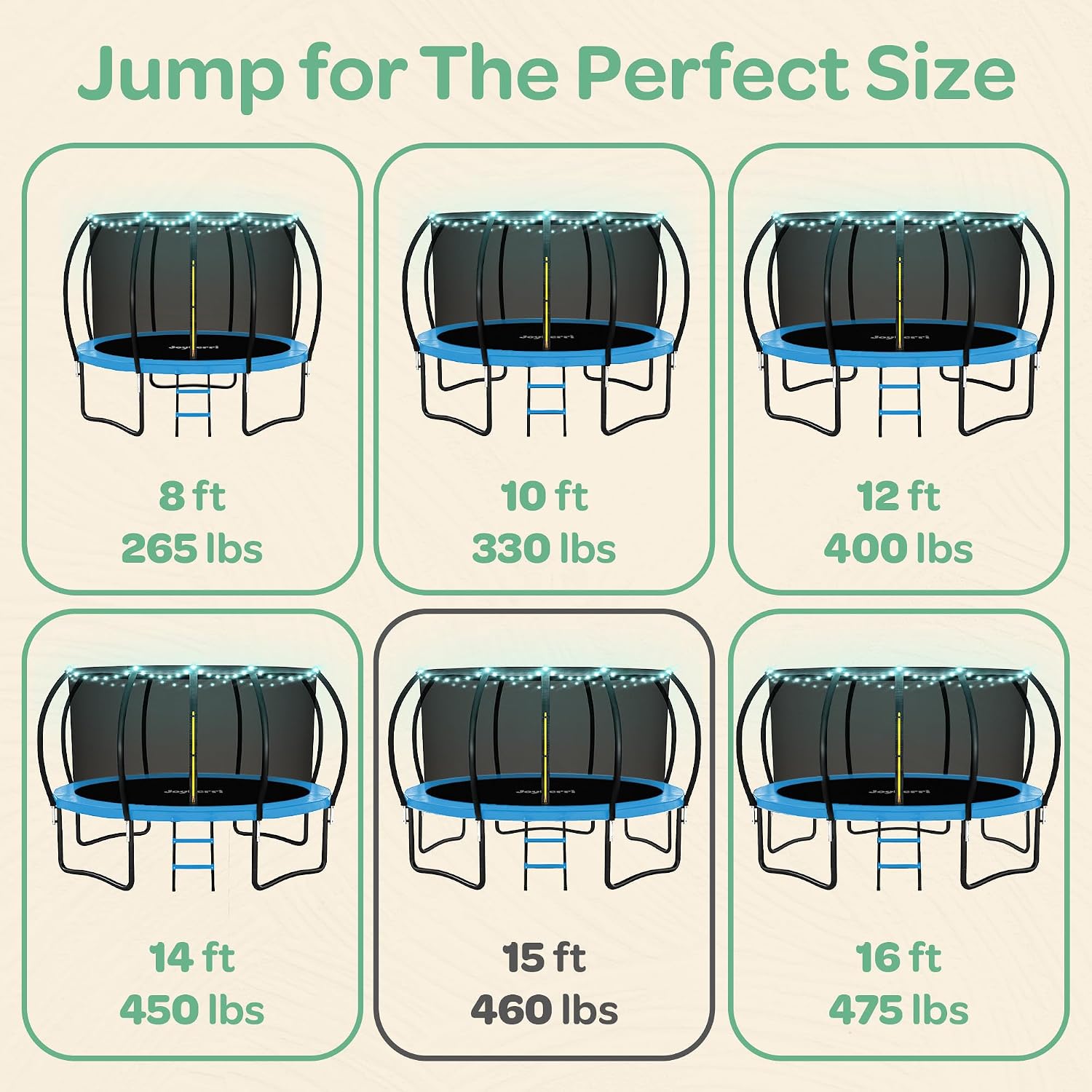 JoyBerri Trampoline Outdoor - Upsurge ASTM Certified Safe 8Ft 10Ft 12Ft 14Ft 15Ft 16Ft Recreational Trampoline for Kids and Adults. Anti-Rust Coating with Enclosure Net, Ladder, Sprinkler & LED Lights