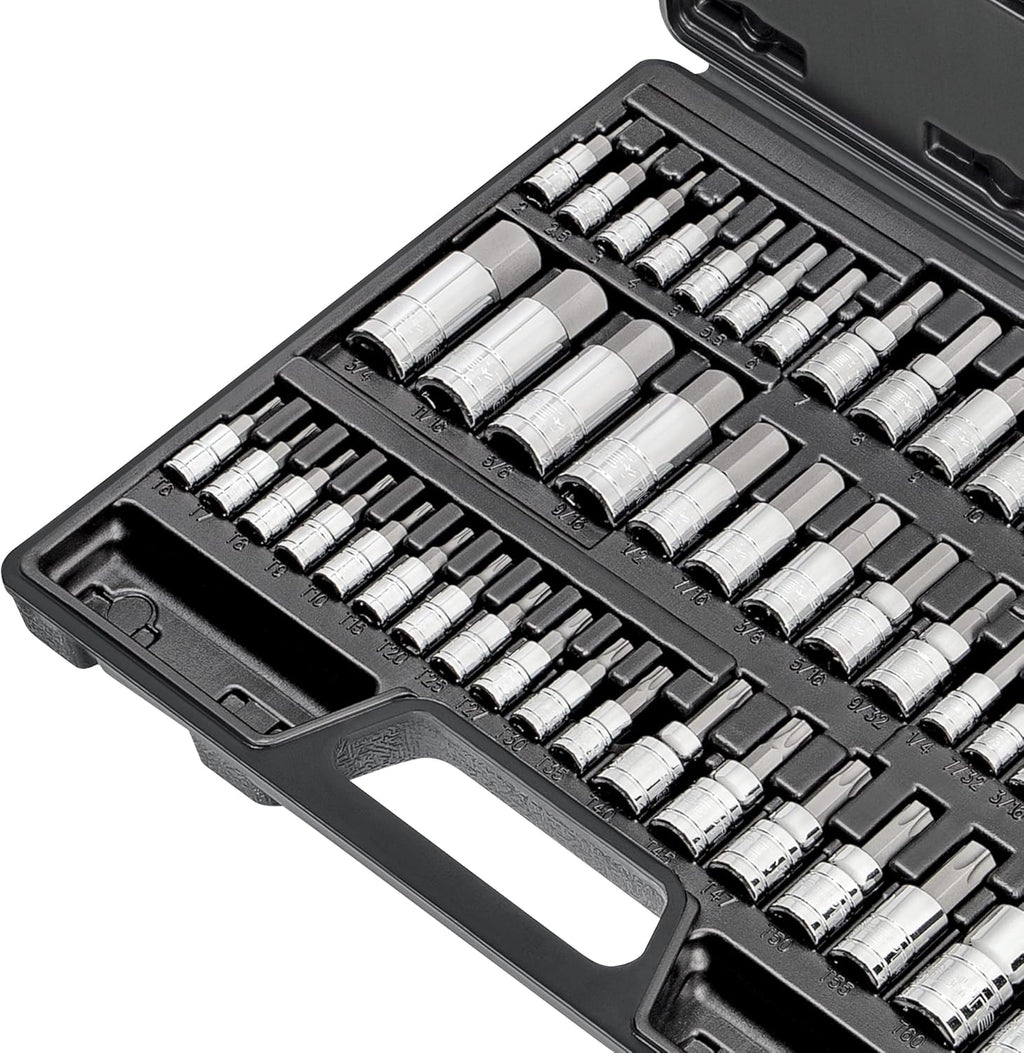 CARBYNE 50-Piece Master Torx and Allen Bit Socket Set S2 Steel SAE and Metric Hex and Star Bit Sockets 1/4 in 3/8 in and 1/2 in Drive Torx T6 to T70 for Automotive and Motorcycle Repair