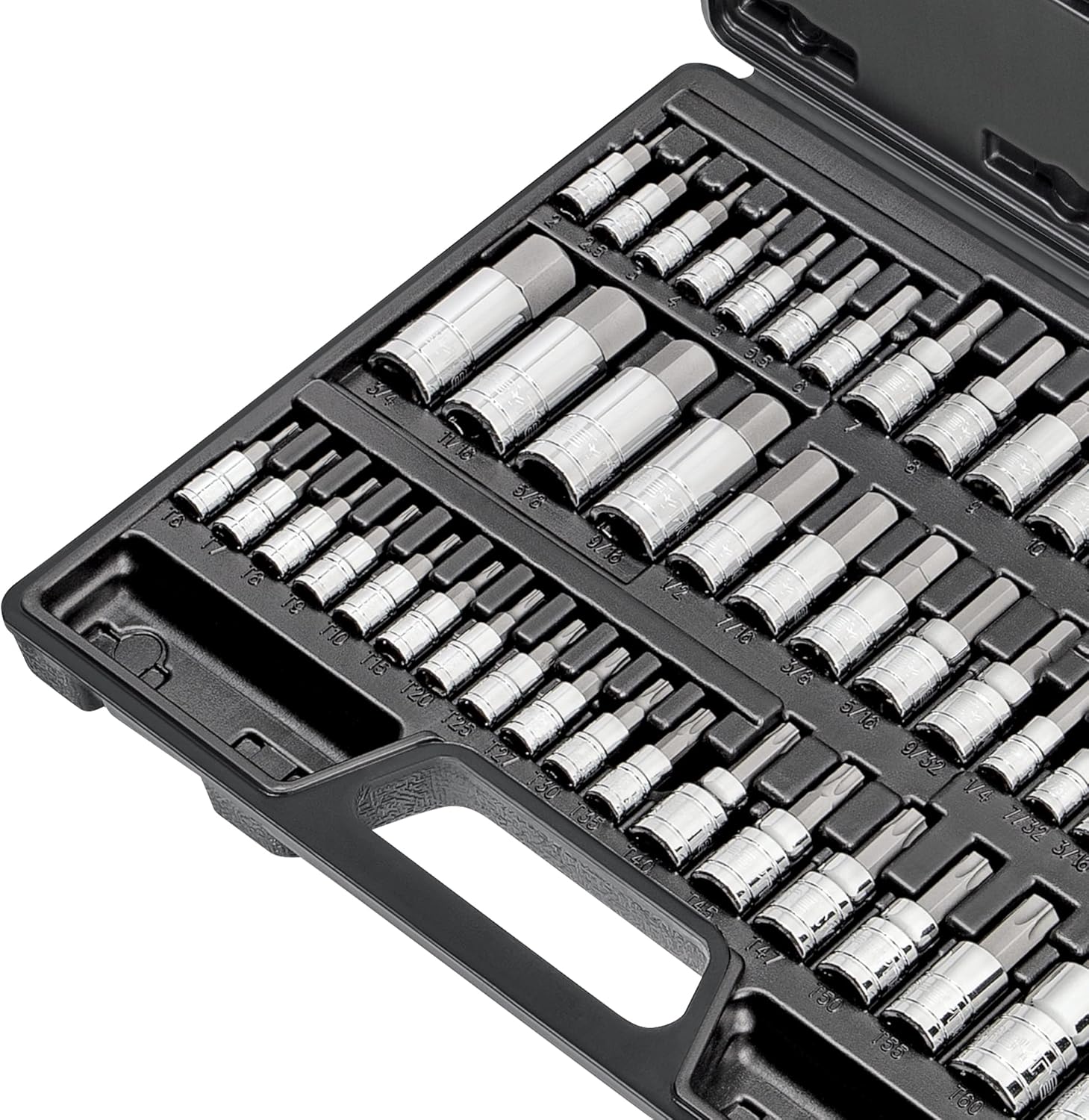 CARBYNE 50-Piece Master Torx and Allen Bit Socket Set S2 Steel SAE and Metric Hex and Star Bit Sockets 1/4 in 3/8 in and 1/2 in Drive Torx T6 to T70 for Automotive and Motorcycle Repair
