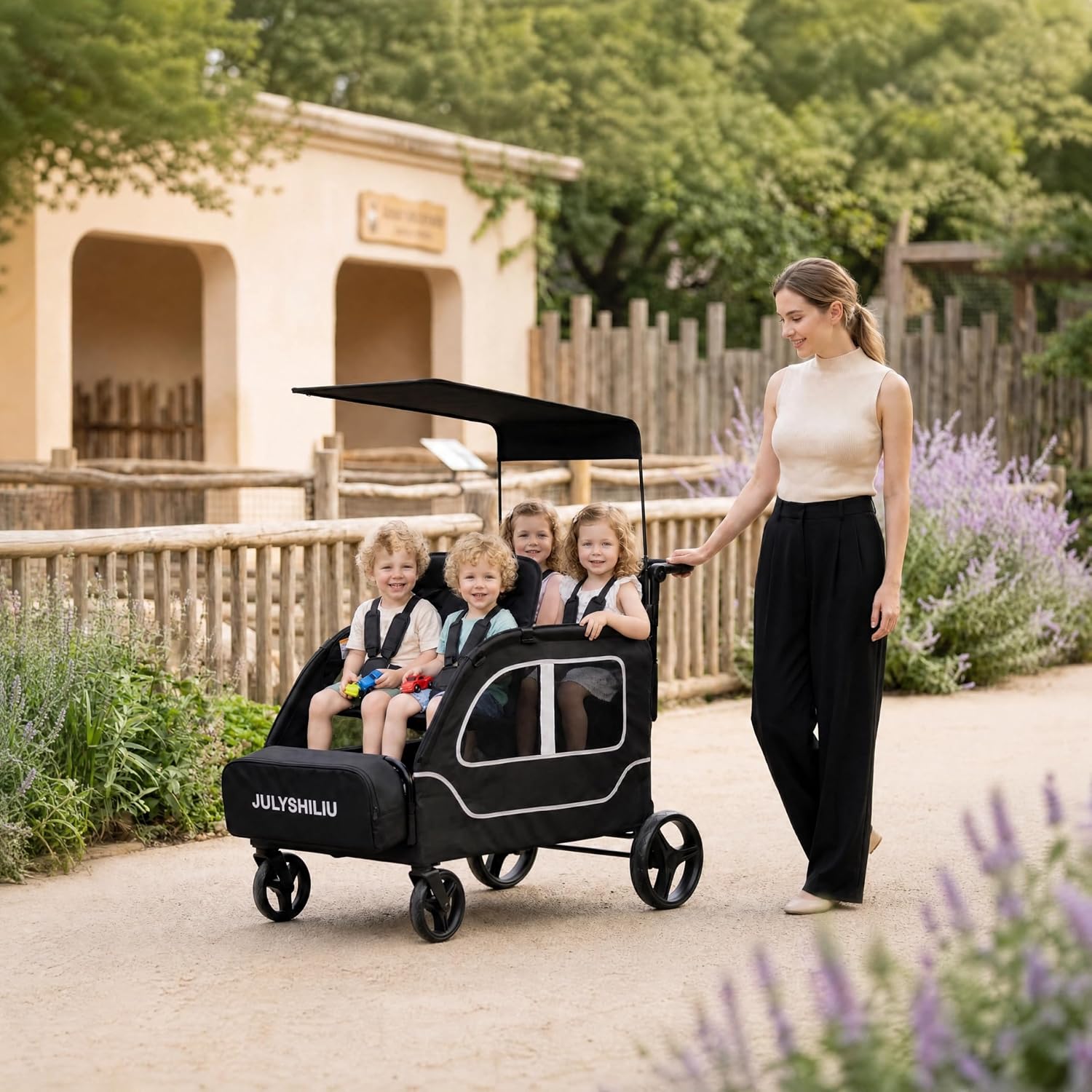 Car-Shaped Large 4 Seater Stroller Wagon for 2 3 Kids Toddler Child Foldable All-Terrain with Removable Canopy, 5-Point Harness, Storage Bag for Shopping Outdoor, Black